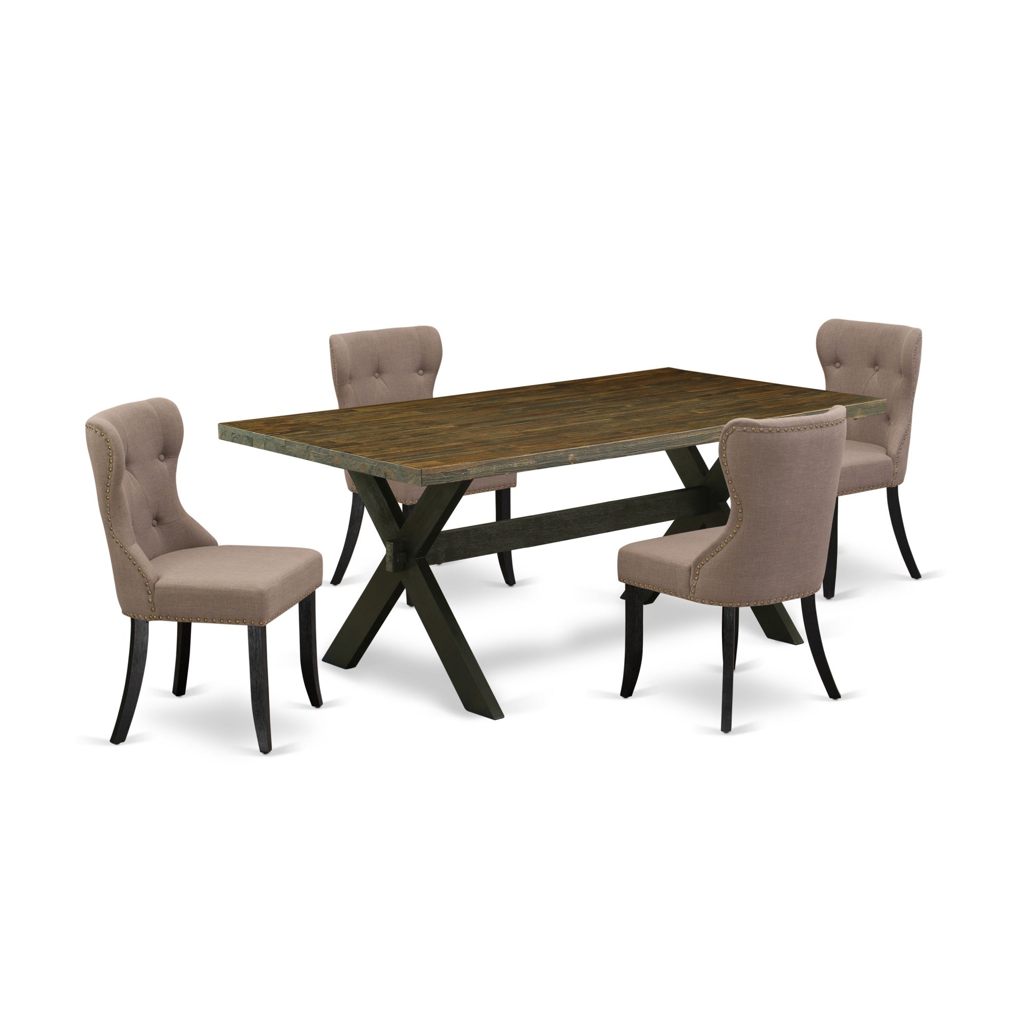 East West Furniture X677Si648-5 5-Pc Dining Table Set- 4 Dining Padded Chairs With Coffee Linen Fabric Seat And Button Tufted Chair Back - Rectangular Table Top & Wooden Cross Legs - Distressed Jacobean And Wire Brushed Black Finish
