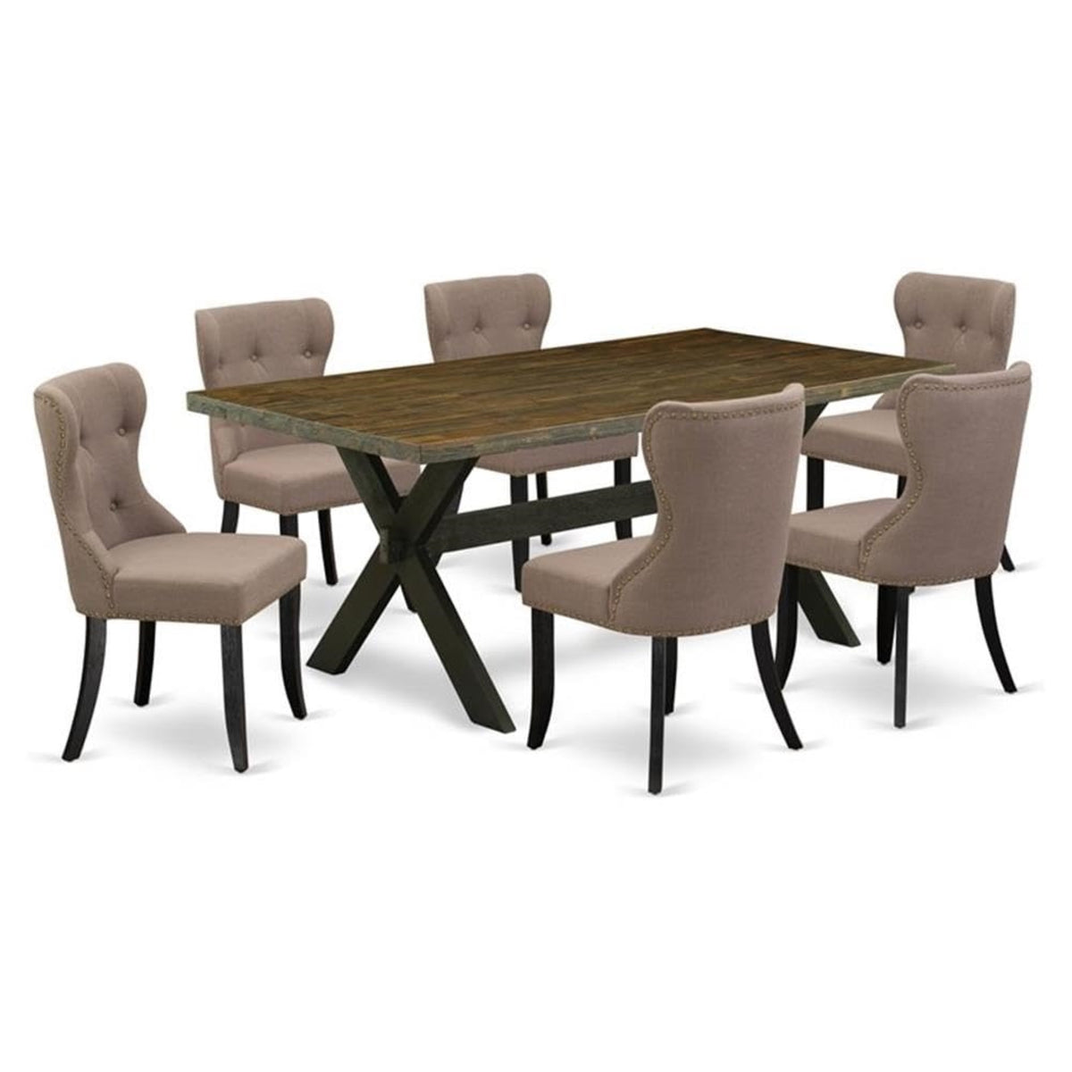 Casafoyer X-Style 7 Piece Set Consist Of A Rectangle Dining Room Table With X-Legs And 6 Coffee Linen Fabric Upholstered Parson Chairs, 40X72 Inch, Multi-Color