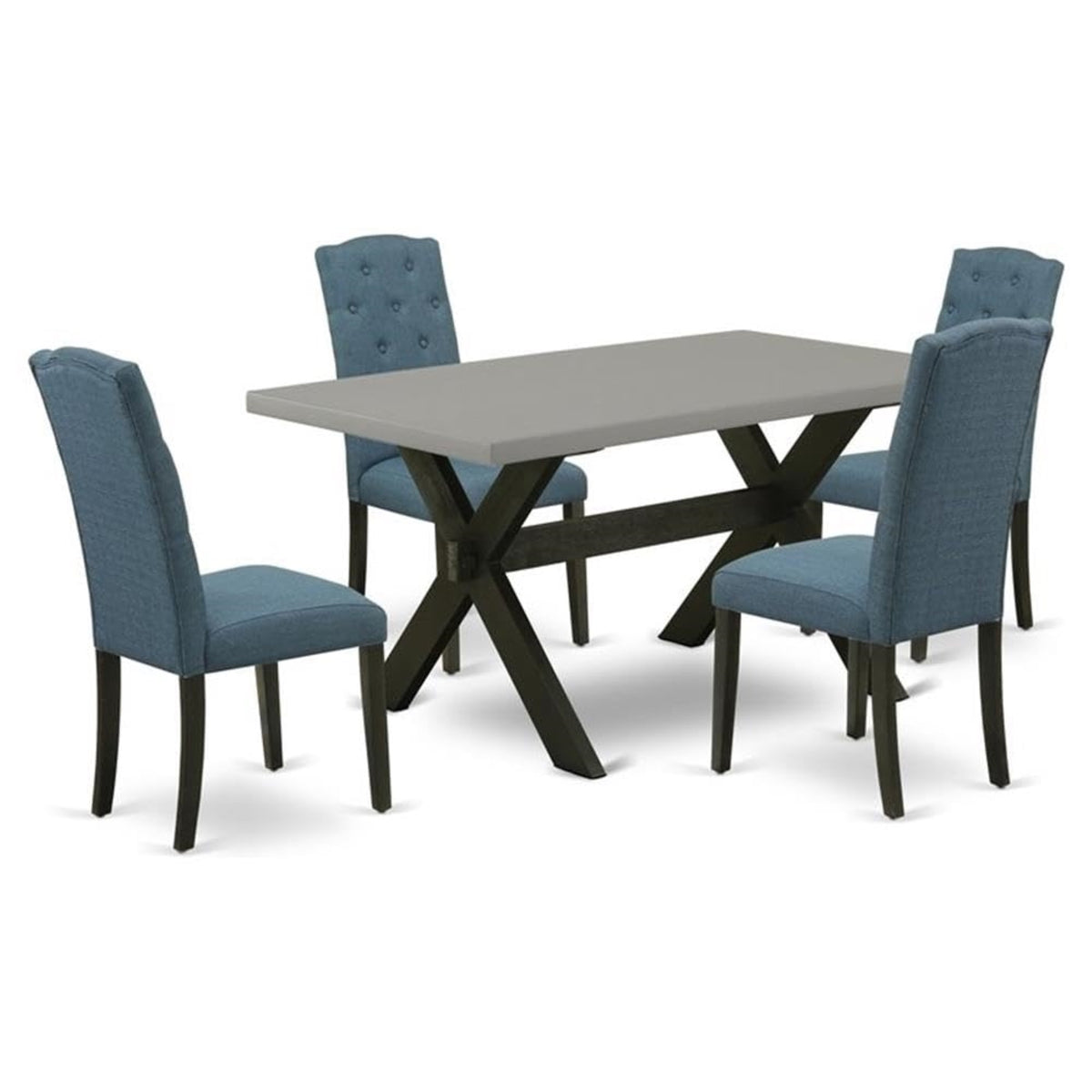 Casafoyer X-Style 5 Piece Room Set Includes A Rectangle Kitchen Table With X-Legs And 4 Mineral Blue Linen Fabric Parson Dining Chairs, 36X60 Inch, Multi-Color