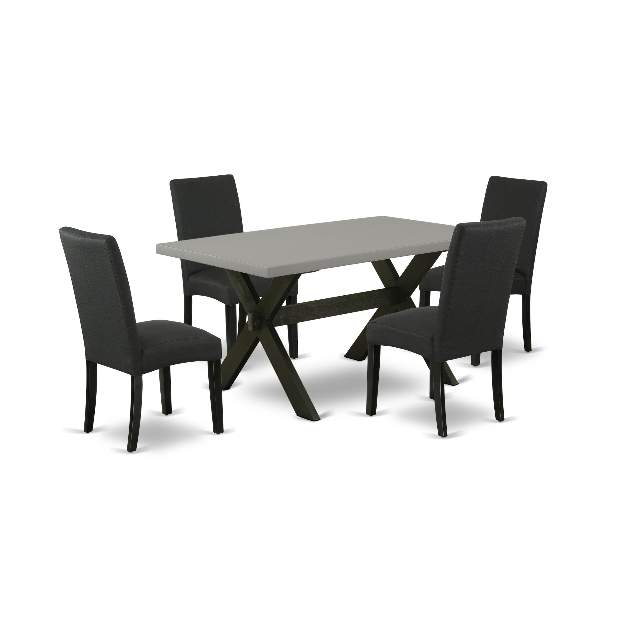 East West Furniture 5-Piece Dining Room Set- 4 Upholstered Dining Chairs With Black Linen Fabric Seat And Stylish Chair Back - Rectangular Table Top & Wooden Cross Legs - Cement And Black Finish