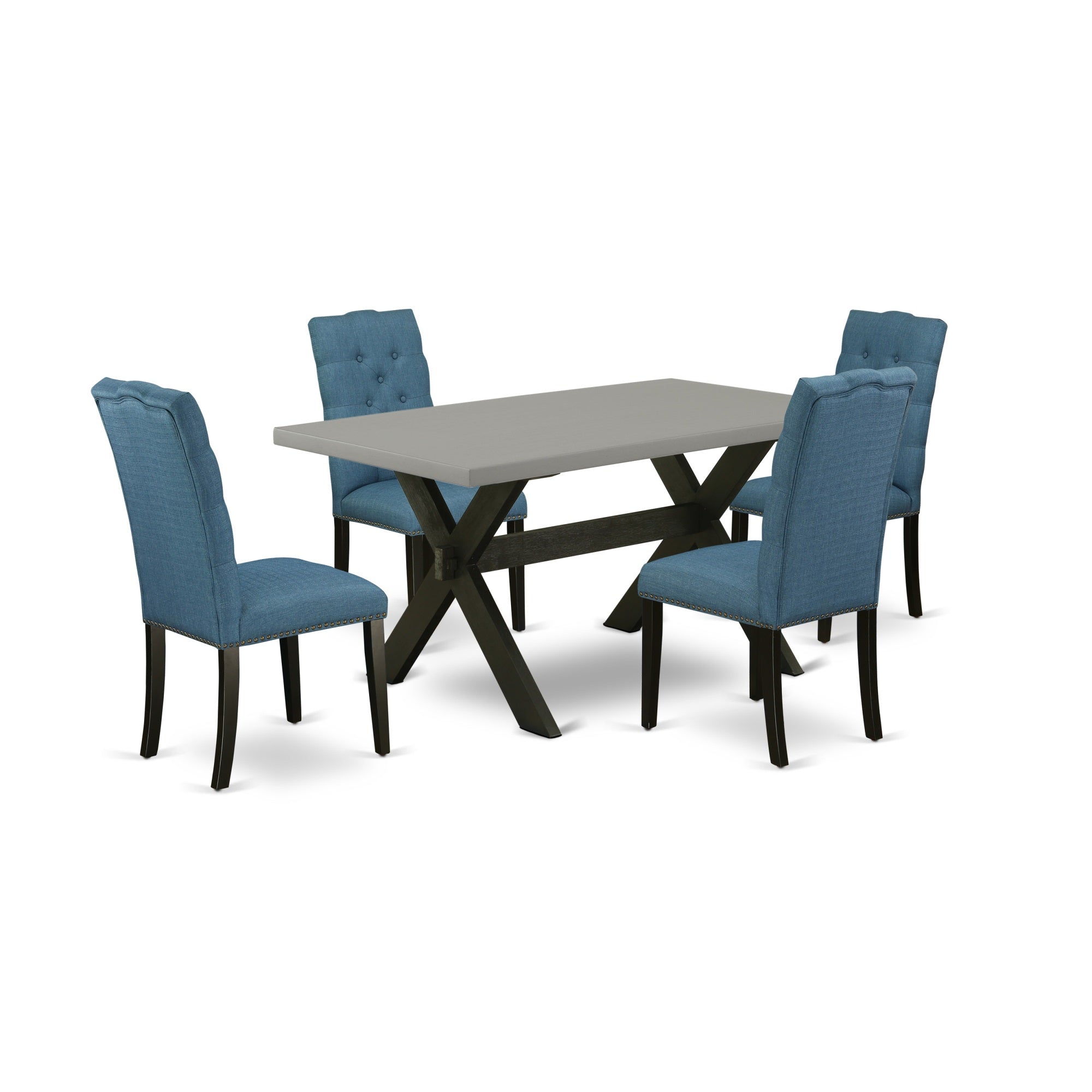 East West Furniture 5-Piece Beautiful Dining Room Table Set A Great Cement Color Modern Dining Table Top And 4 Beautiful Linen Fabric Kitchen Chairs With Nail Heads And Button Tufted Chair Back, Wire Brushed Black Finish