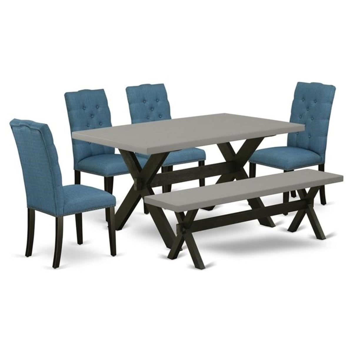 Casafoyer X-Style 6 Piece Kitchen Set Contains A Rectangle Wooden Table And 4 Blue Linen Fabric Parson Chairs With A Bench, 36X60 Inch, X696El121-6