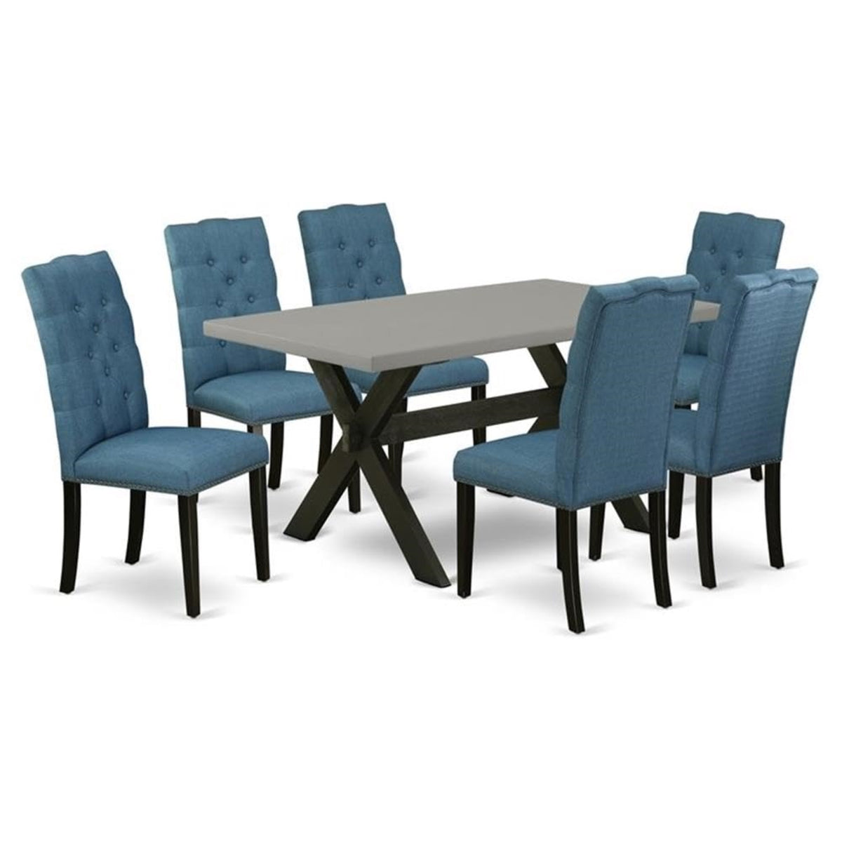 Casafoyer X-Style 7 Piece Room Furniture Set Consist Of A Rectangle Dining Table With X-Legs And 6 Blue Linen Fabric Upholstered Chairs, 36X60 Inch, X696El121-7
