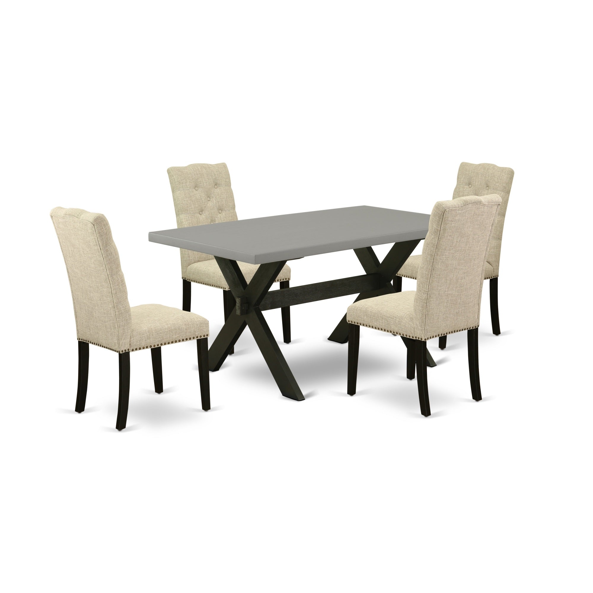 East West Furniture 5-Piece Dining Room Set Included 4 Kitchen Dining Chairs Upholstered Seat And High Button Tufted Chair Back And Rectangular Dining Table With Cement Color Kitchen Table Top - Black Finish