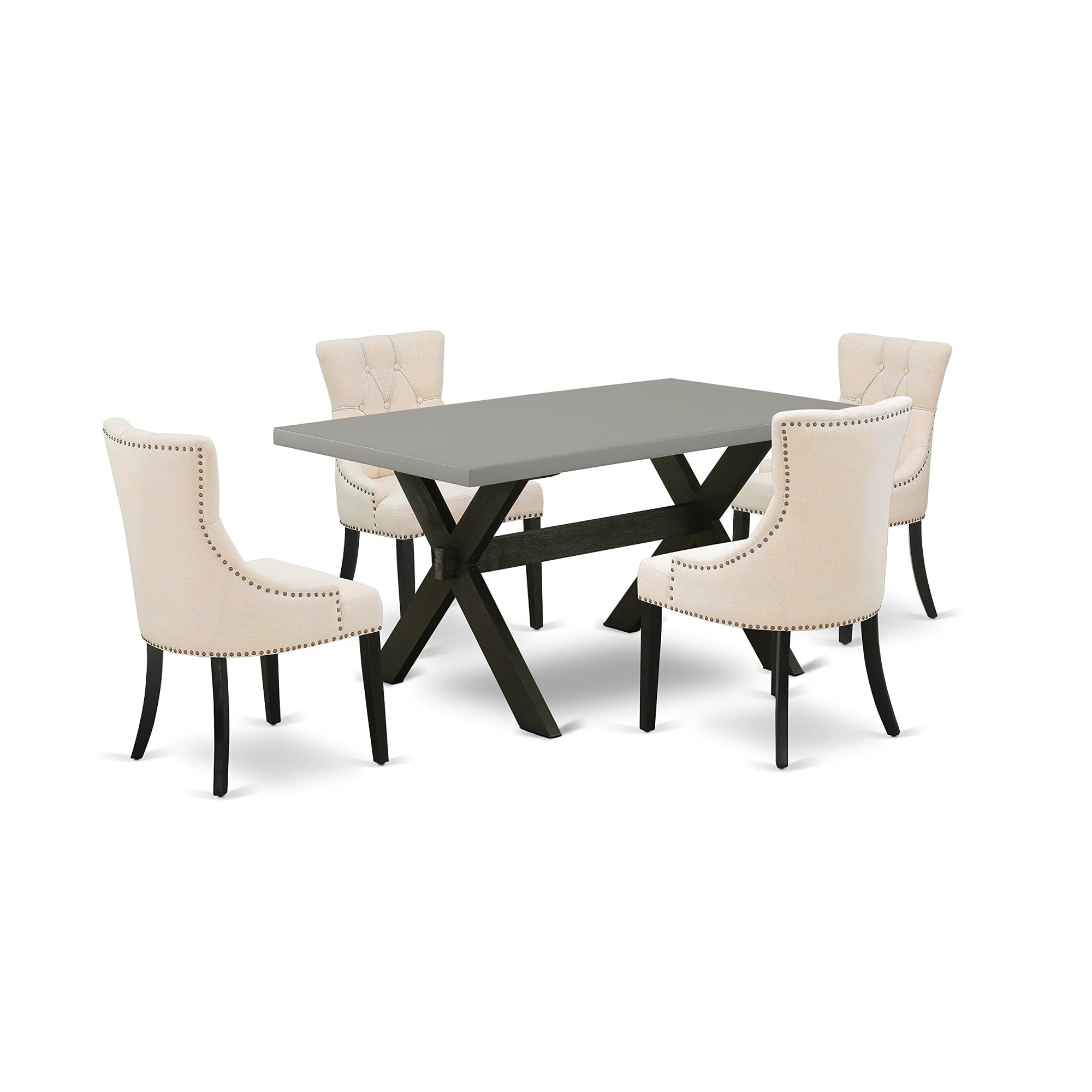 East West Furniture X696Fr102-5 5 Piece Set Includes A Rectangle Dining Room Table With X-Legs And 4 Light Beige Linen Fabric Upholstered Chairs, 36X60 Inch