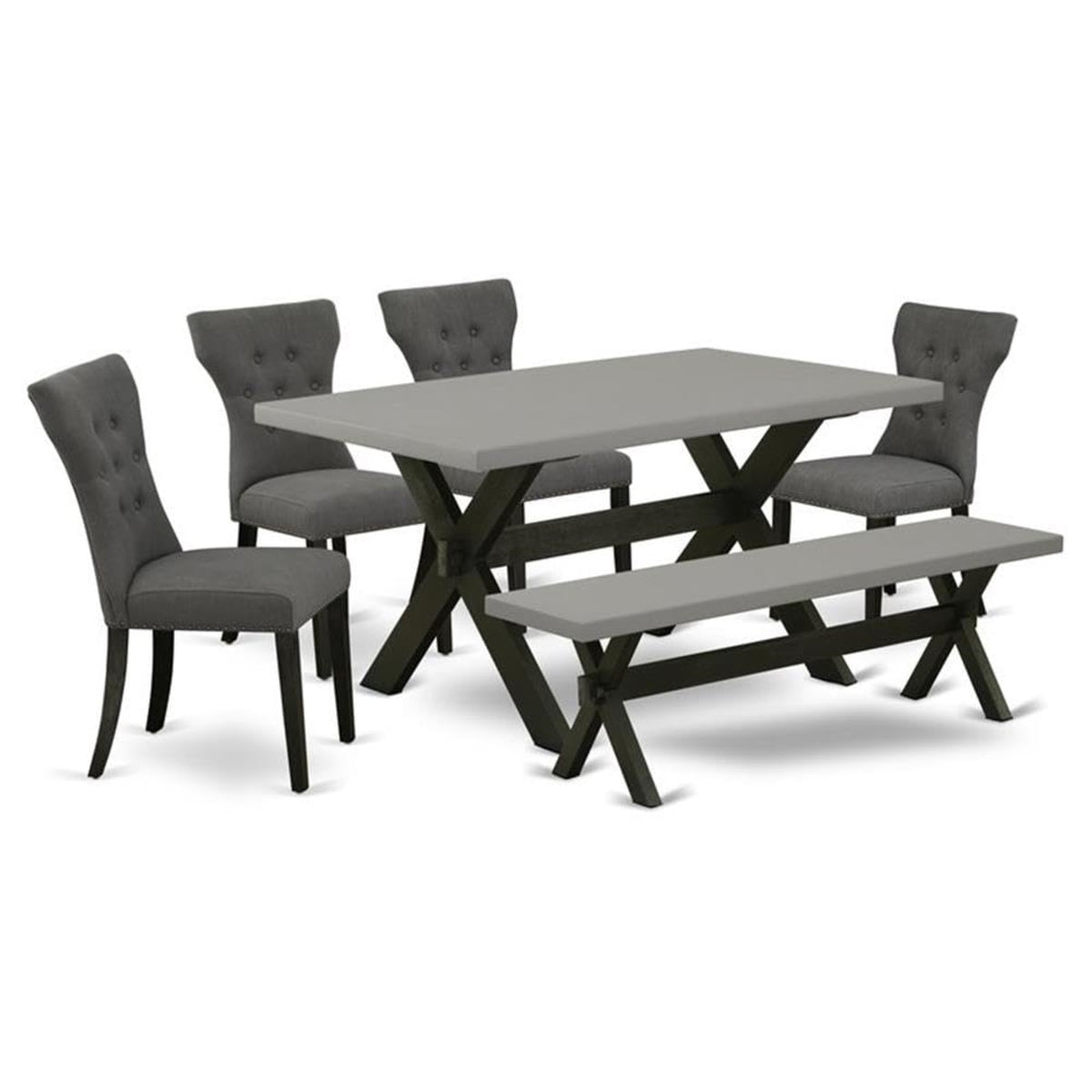 Casafoyer X-Style 6 Piece Set Contains A Rectangle Dining Room Table With X-Legs And 4 Dark Gotham Linen Fabric Parson Chairs With A Bench, 36X60 Inch, X696Ga650-6