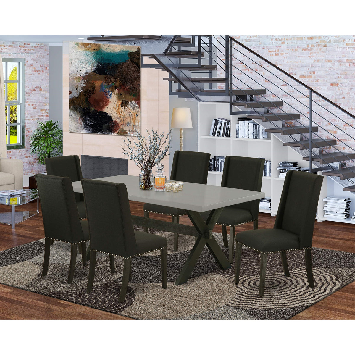 Casafoyer X697Fl624-7 7 Piece Dining Room Furniture Set Consist Of A Rectangle Dining Table With X-Legs And 6 Black Linen Fabric Parsons Chairs, 40X72 Inch, Multi-Color