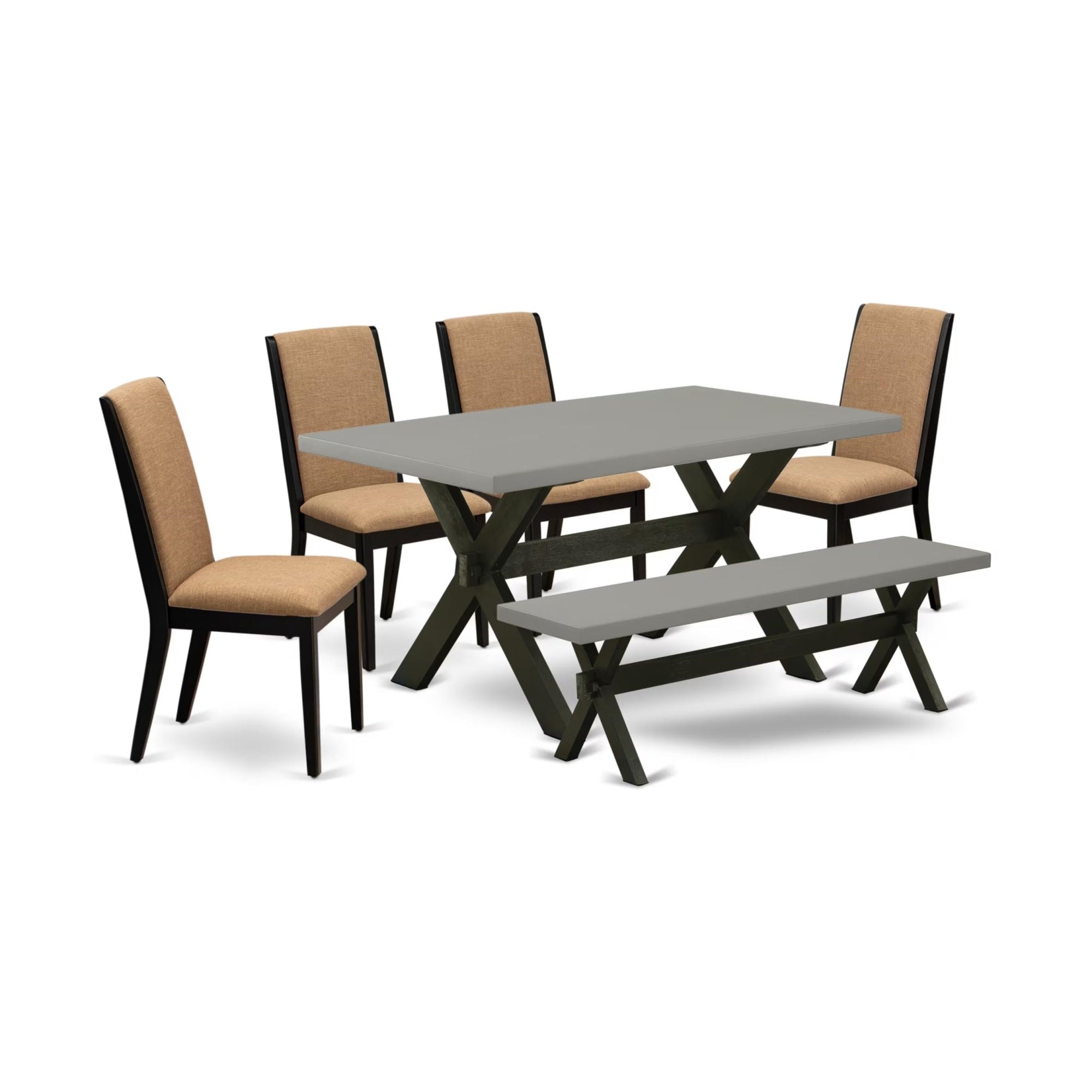 Casafoyer X696La147-6 6 Piece Dining Table Set Contains A Rectangle Table With X-Legs And 4 Light Sable Linen Fabric Upholstered Chairs With A Bench, 36X60 Inch, Multi-Color