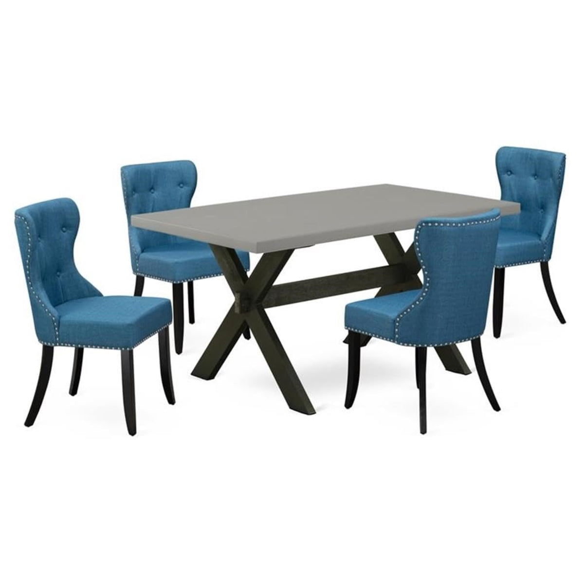 Casafoyer X-Style 5 Piece Room Furniture Set Includes A Rectangle Dining Table With X-Legs And 4 Blue Linen Fabric Upholstered Chairs, 36X60 Inch, X696Si121-5