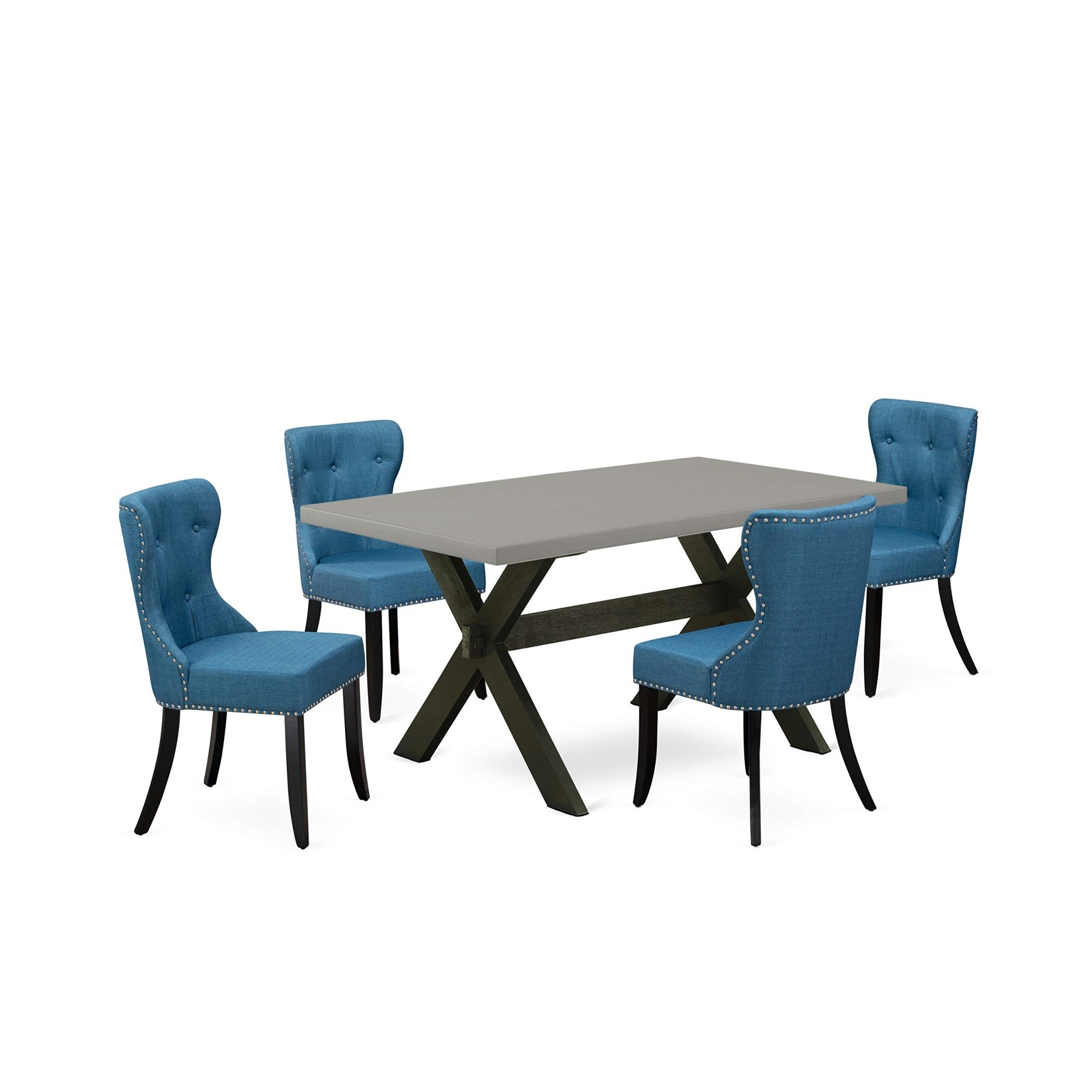 Ergode X696Si121-5, 5-Piece Dining Table Set, Rectangle Table With X-Legs, 4 Blue Linen Fabric Chairs, 36X60 Inch, Easy Assembly