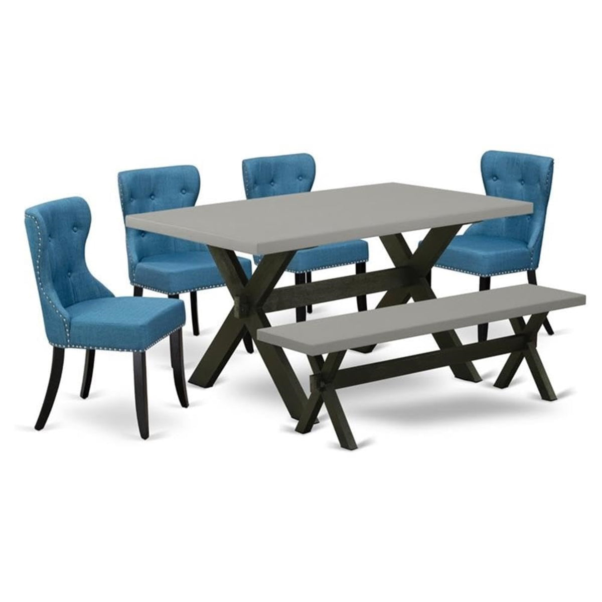 Casafoyer X-Style 6 Piece Kitchen Set Contains A Rectangle Dining Table With X-Legs And 4 Blue Linen Fabric Parson Chairs With A Bench, 36X60 Inch, X696Si121-6