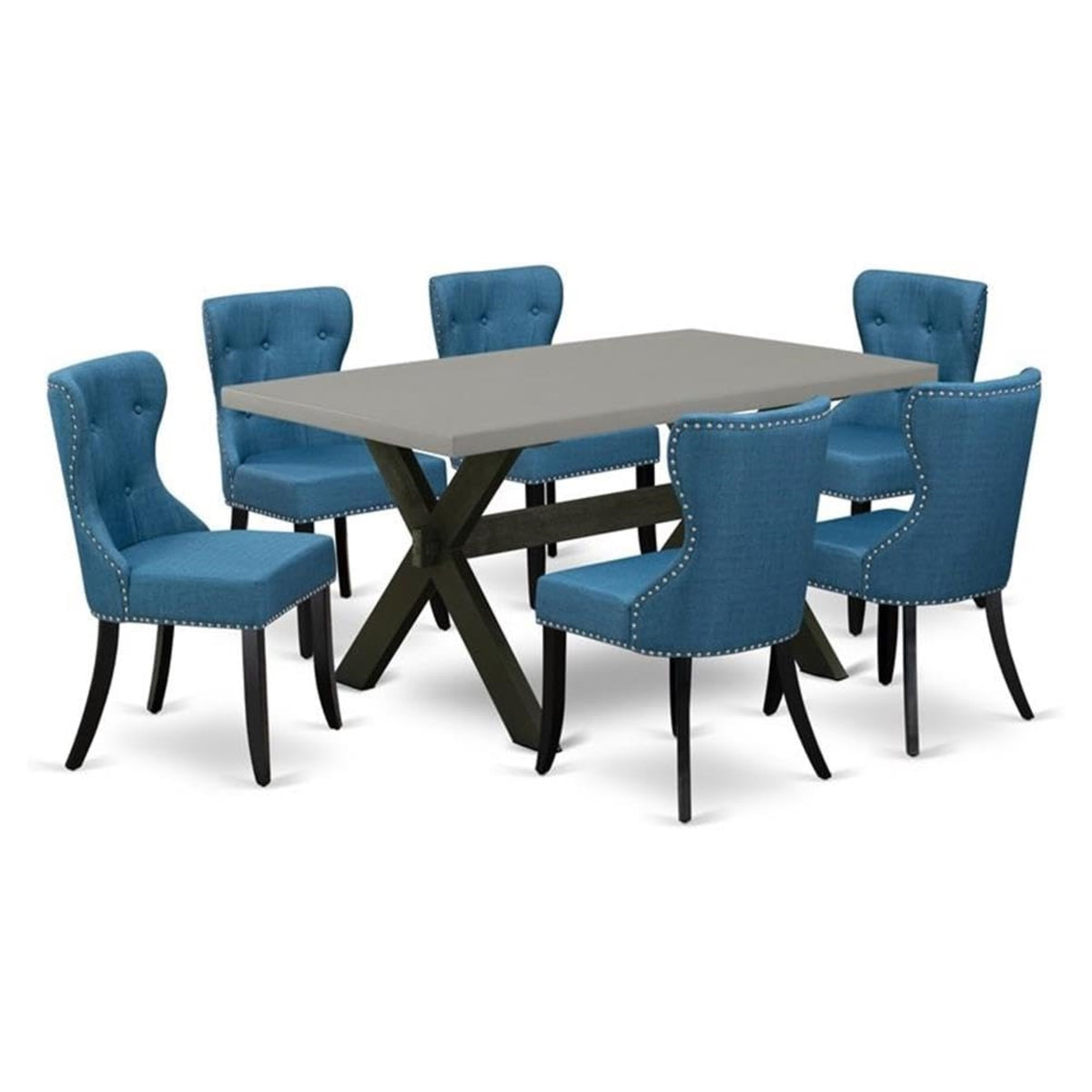 Casafoyer X-Style 7 Piece Dinette Set Consist Of A Rectangle Dining Room Table With X-Legs And 6 Blue Linen Fabric Upholstered Parson Chairs, 36X60 Inch, X696Si121-7