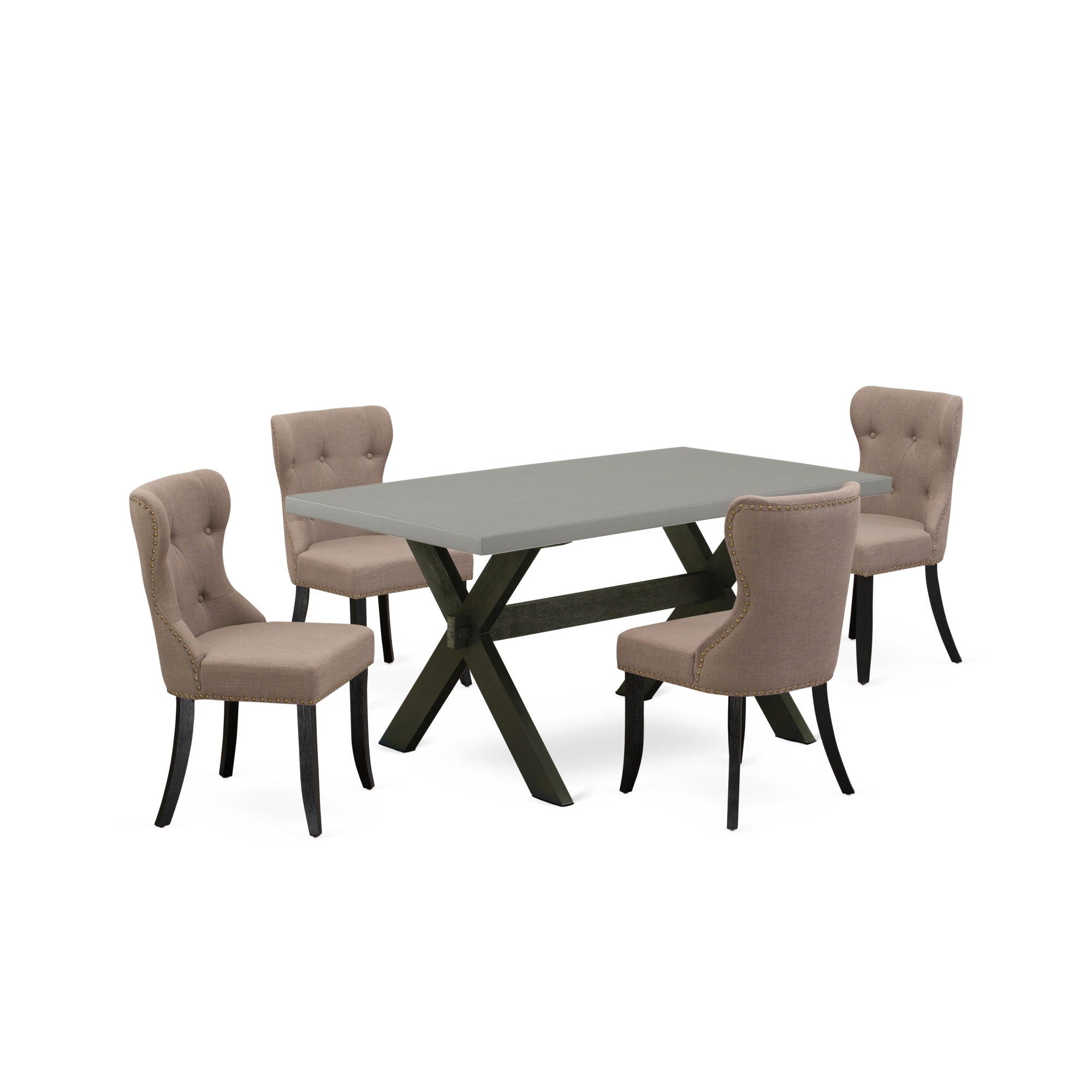 East West Furniture X696Si648-5 5-Piece Kitchen Dining Room Set- 4 Parson Chairs With Coffee Color Linen Fabric Seat And Button Tufted Chair Back - Rectangular Table Top & Wooden Cross Legs - Cement And Wire Brushed Black Finish