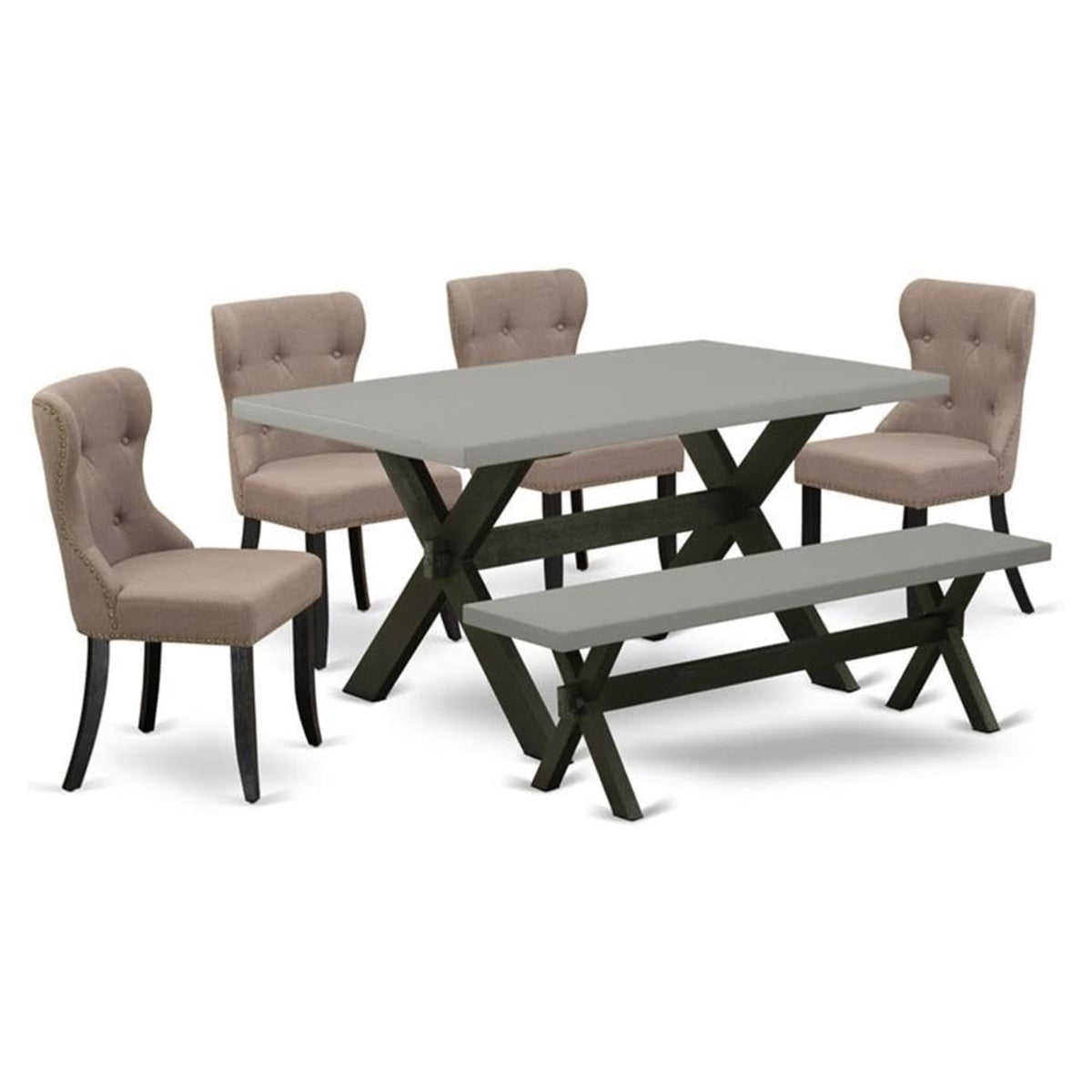Casafoyer X696Si648-6 6 Piece Dining Table Set Contains A Rectangle Wooden Table With X-Legs And 4 Coffee Linen Fabric Upholstered Chairs With A Bench, 36X60 Inch, Multi-Color