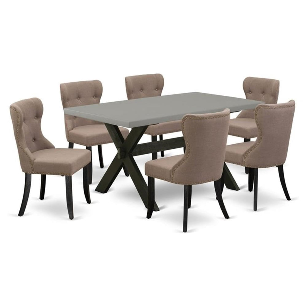 Casafoyer X-Style 7 Piece Kitchen Set Consist Of A Rectangle Dining Room Table With X-Legs And 6 Coffee Linen Fabric Upholstered Chairs, 36X60 Inch, X696Si648-7
