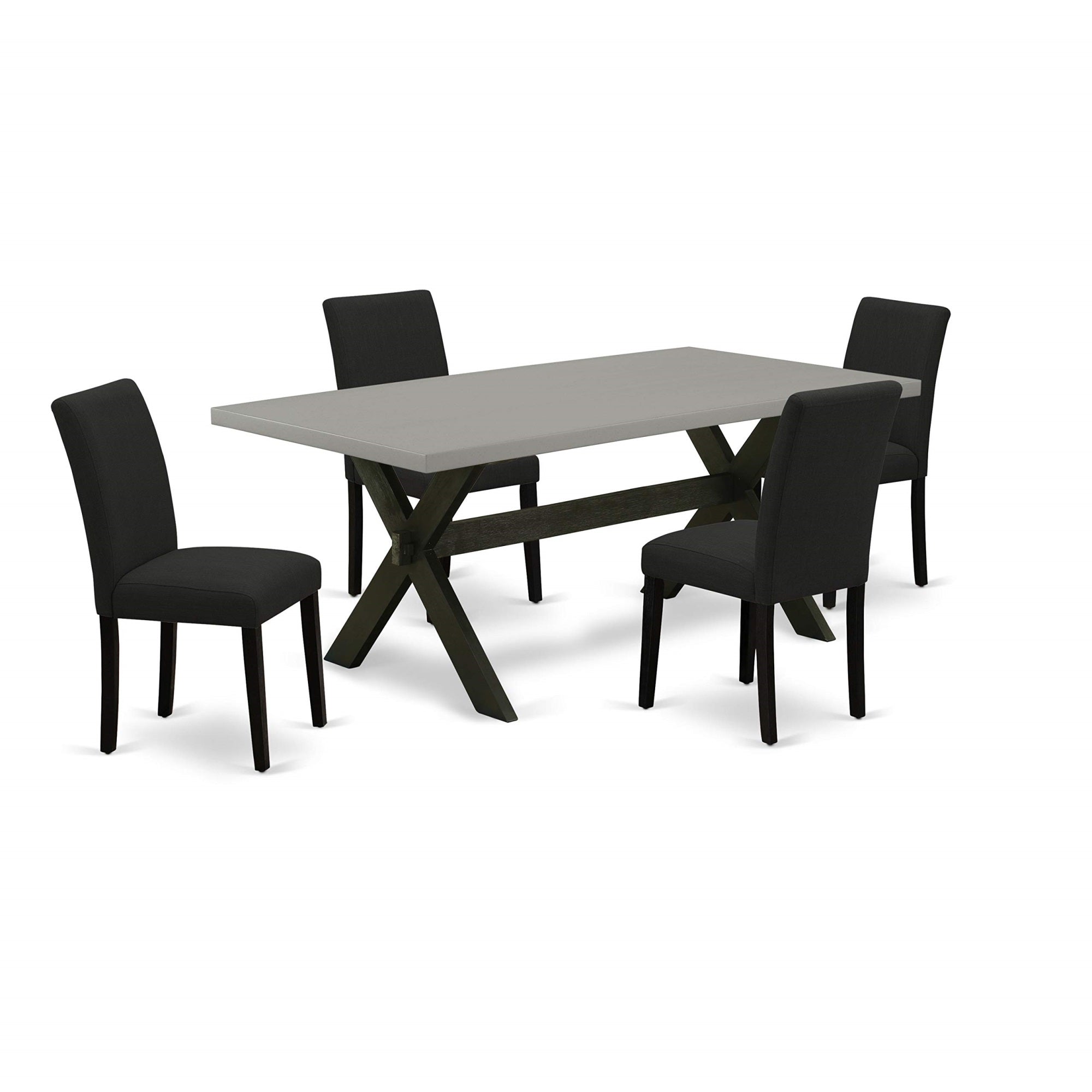 Ergode X697Ab624-5, 5-Piece Wooden Dining Table Set, X-Leg Design, Cement-Colored Top, Linen Fabric Chairs, Quick Assembly, Durable Rubber Wood, Modern Design
