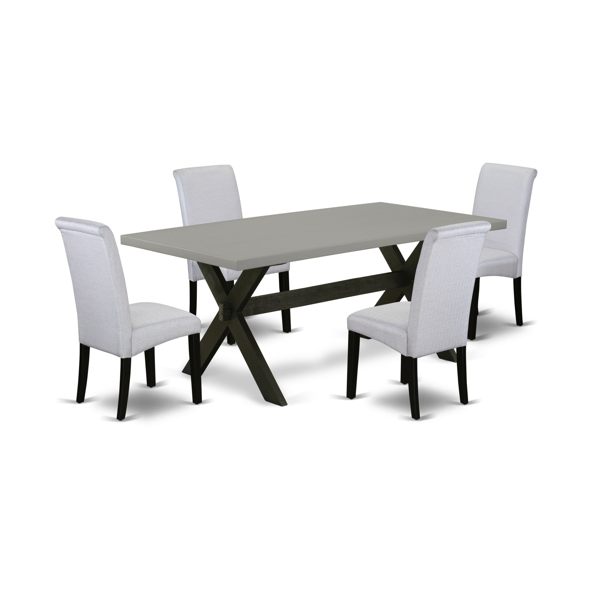 East West Furniture X697Ba105-5 5-Pc Dining Room Table Set - 4 Parson Dining Chairs And 1 Modern Rectangular Cement Kitchen Table Top With High Roll Chair Back - Wire Brushed Black Finish