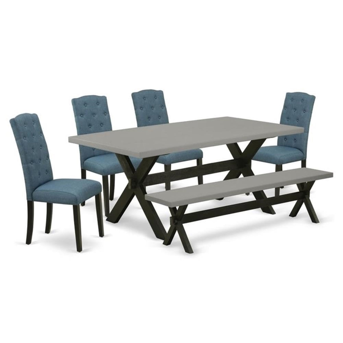 Casafoyer X-Style 6 Piece Dining Set Contains A Rectangle Wooden Table With X-Legs And 4 Mineral Blue Linen Fabric Parson Chairs With A Bench, 40X72 Inch, X697Ce121-6