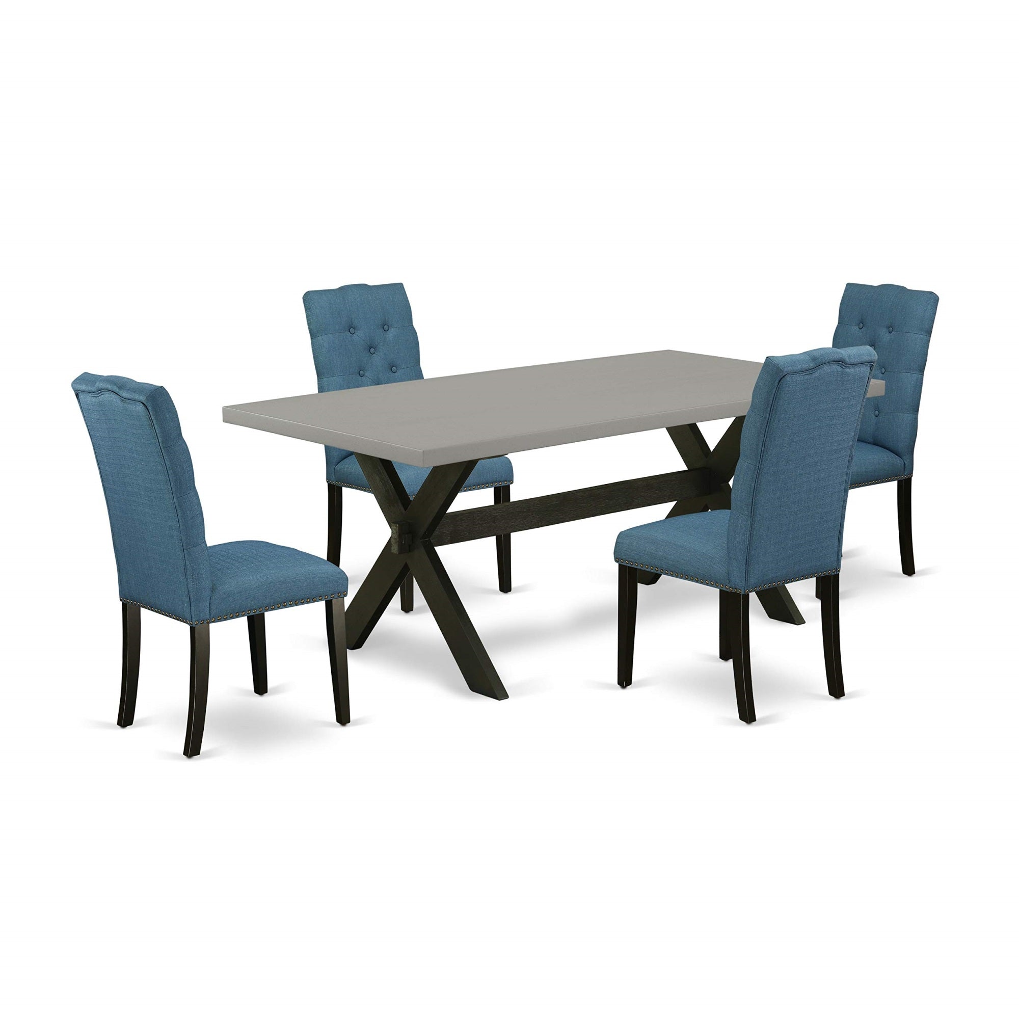 Ergode X697El121-5, 5Pc Dining Set, Rectangular Wood Table, Wire Brushed Black Finish, 4 Blue Linen Parson Chairs, Asian Wood, 300 Lbs Weight Capacity, Easy Assembly, 40X72 Inch, Multi-Color