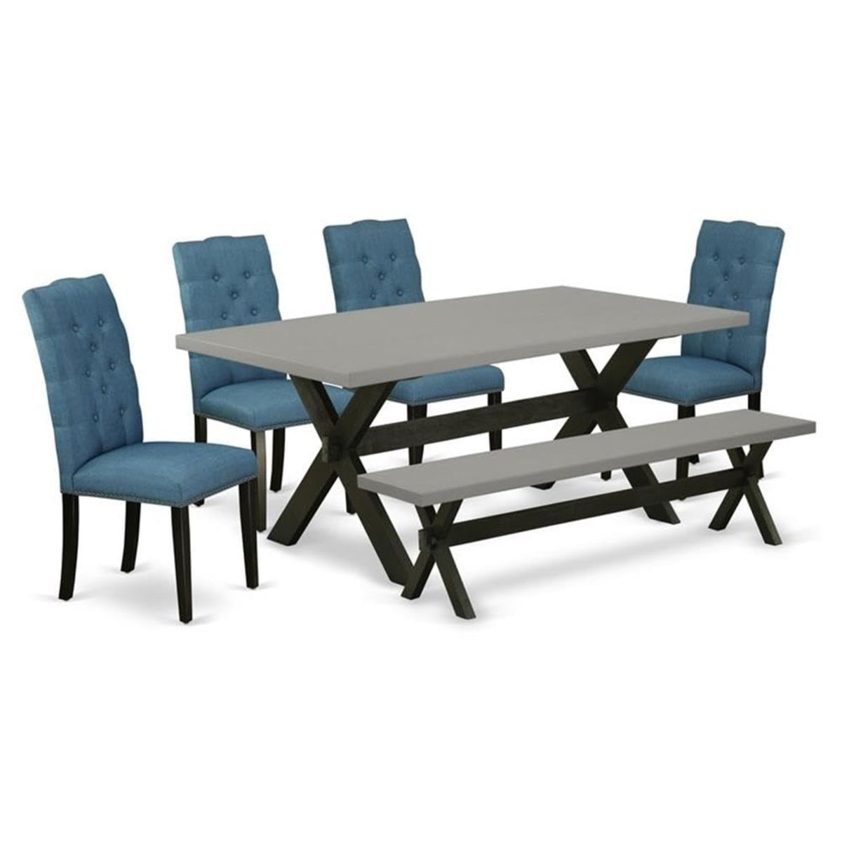 Casafoyer X697El121-6 6 Piece Dining Set Contains A Rectangle Dining Room Table With X-Legs And 4 Blue Linen Fabric Parson Chairs With A Bench, 40X72 Inch, Multi-Color