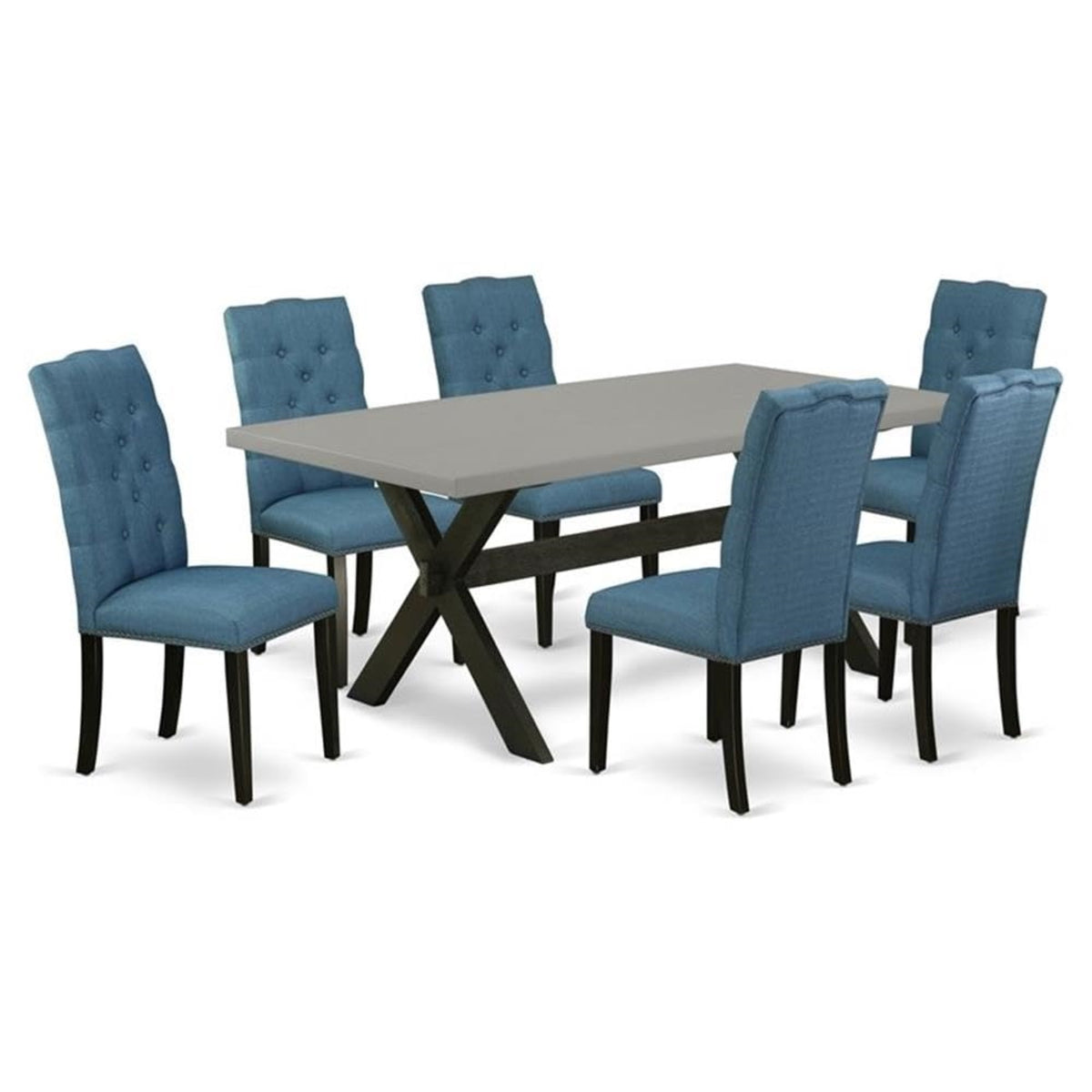 Casafoyer X697El121-7 7 Piece Dining Table Set Consist Of A Rectangle Dining Room Table With X-Legs And 6 Blue Linen Fabric Upholstered Chairs, 40X72 Inch, Multi-Color