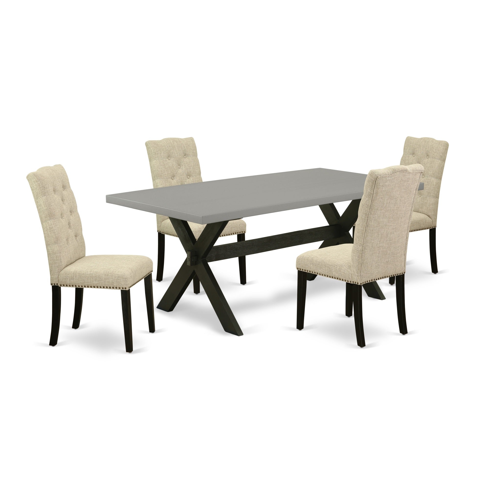 East West Furniture 5-Piece Rectangular Dinette Set Included 4 Dining Chairs Upholstered Seat And High Button Tufted Chair Back And Rectangular Dining Table With Cement Color Kitchen Dining Table Top - Black Finish
