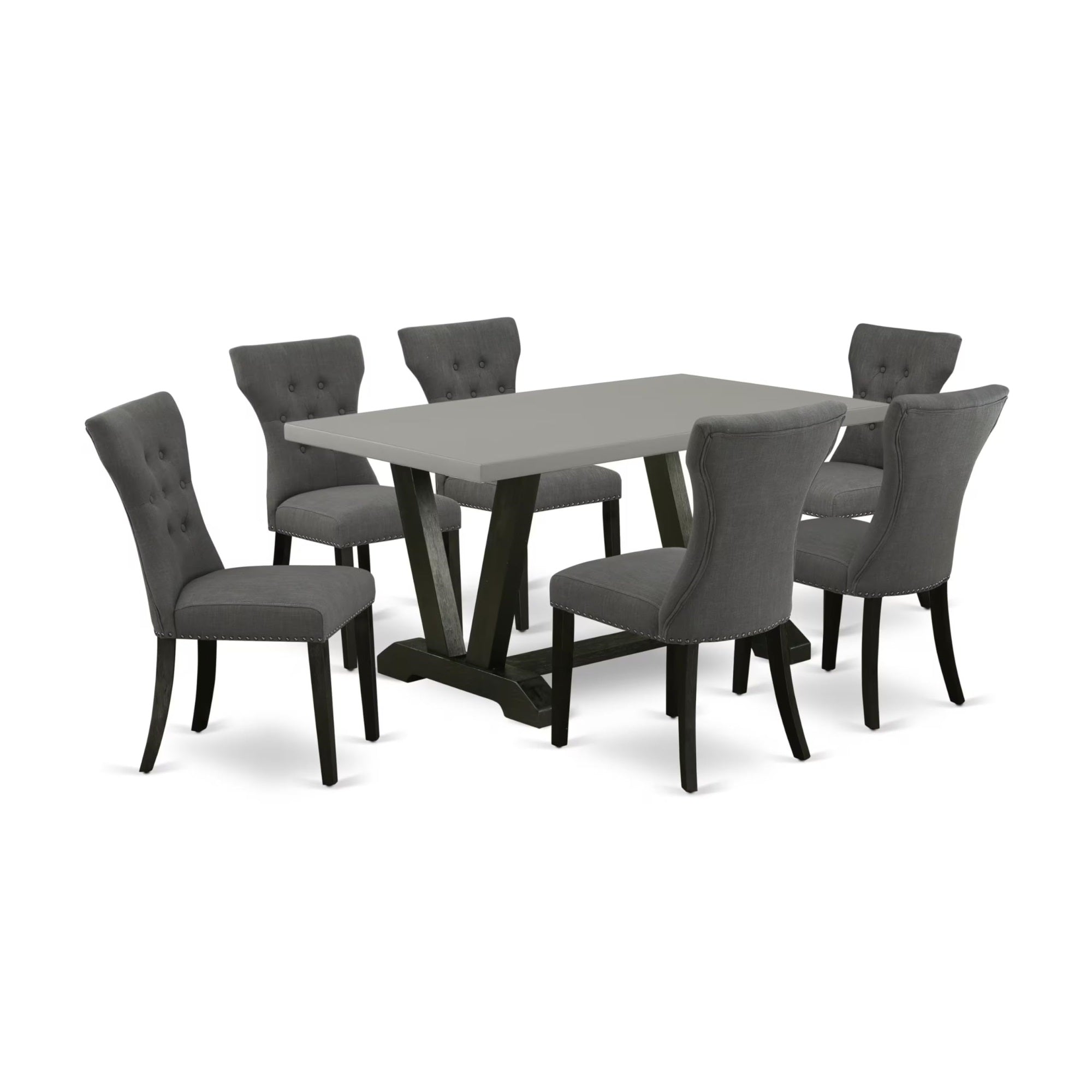 Casafoyer V696Ga650-7 7 Piece Dining Table Set Consist Of A Rectangle Dining Room Table With V-Legs And 6 Dark Gotham Linen Fabric Parsons Chairs, 36X60 Inch, Multi-Color