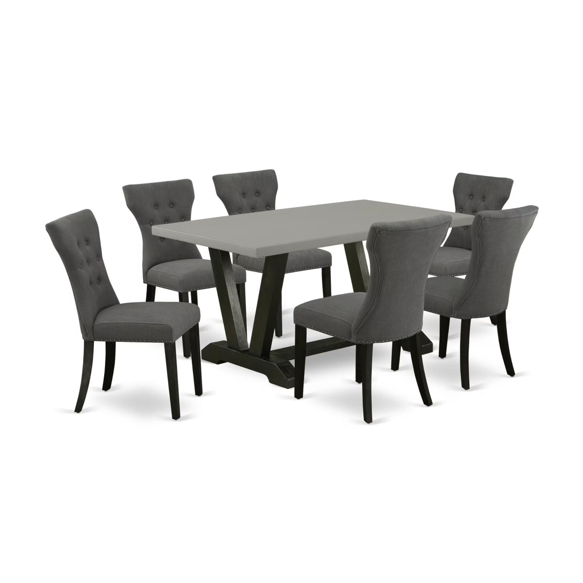 Casafoyer V696Ga650-7 7 Piece Dining Table Set Consist Of A Rectangle Dining Room Table With V-Legs And 6 Dark Gotham Linen Fabric Parsons Chairs, 36X60 Inch, Multi-Color