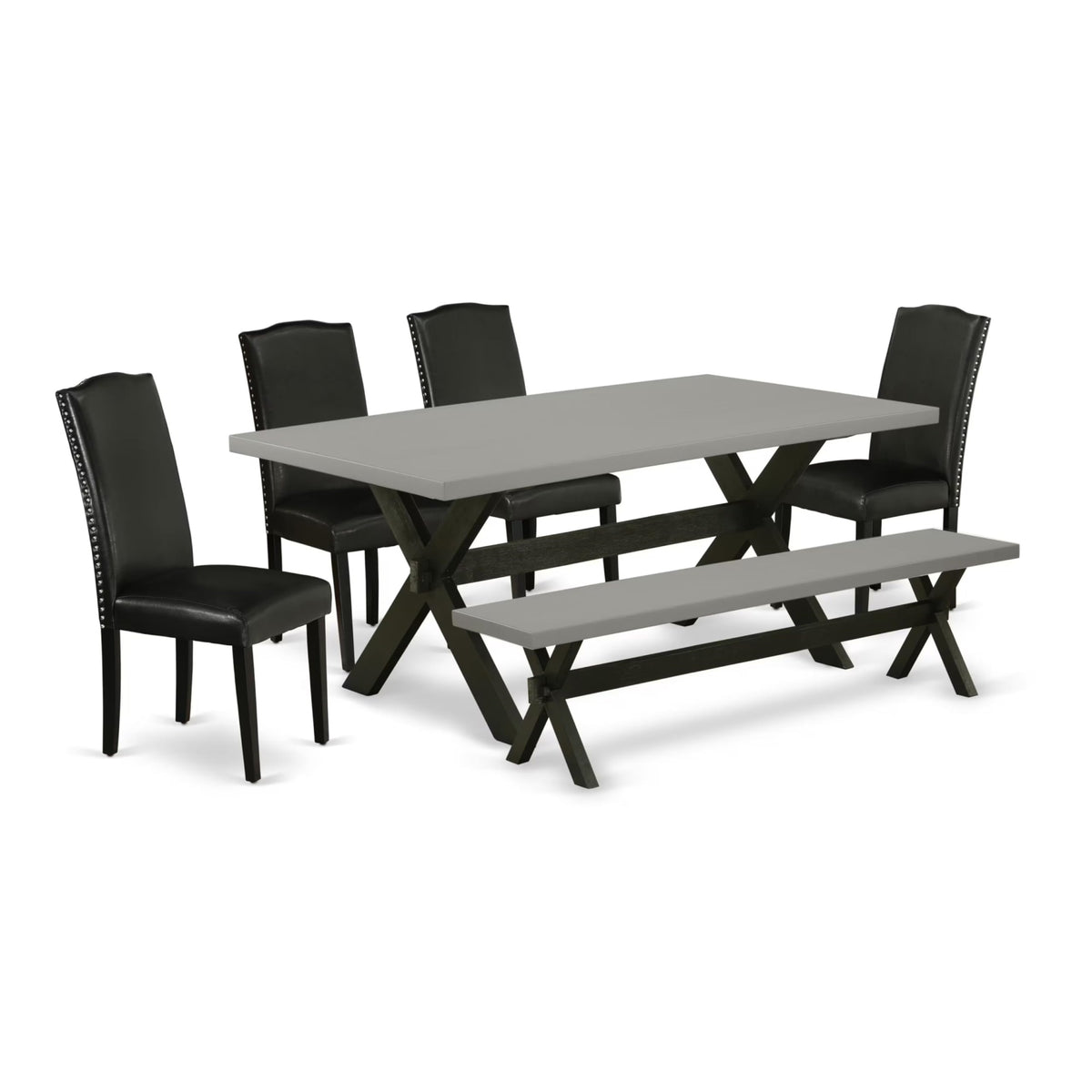 Casafoyer X-Style 6 Piece Set Contains A Rectangle Dining Room Table With X-Legs And 4 Black Faux Leather Parson Chairs With A Bench, 40X72 Inch, Multi-Color