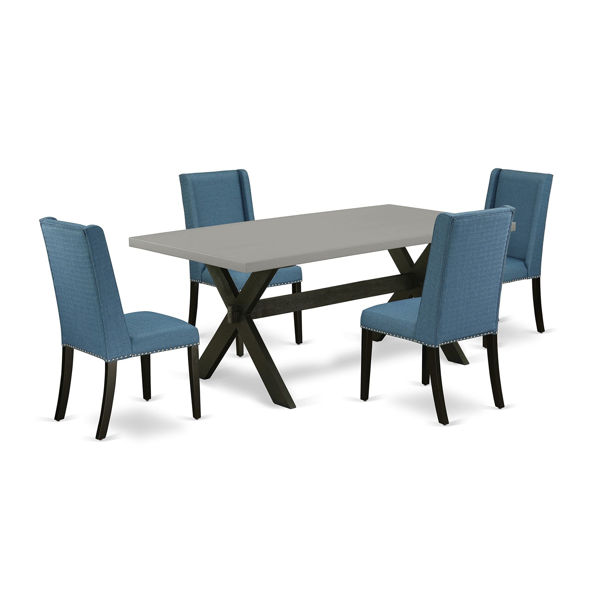 East West Furniture X697Fl121-5 5 Piece Kitchen Set Includes A Rectangle Room Table With X-Legs And 4 Blue Linen Fabric Parsons Dining Chairs, 40X72 Inch