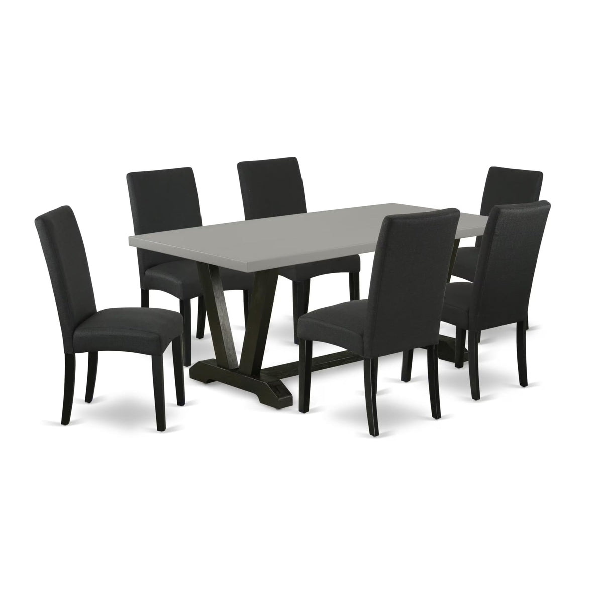 Casafoyer V-Style 7 Piece Modern Set Consist Of A Rectangle Wooden Table With V-Legs And 6 Black Color Linen Fabric Parsons Dining Chairs, 40X72 Inch, V697Dr124-7