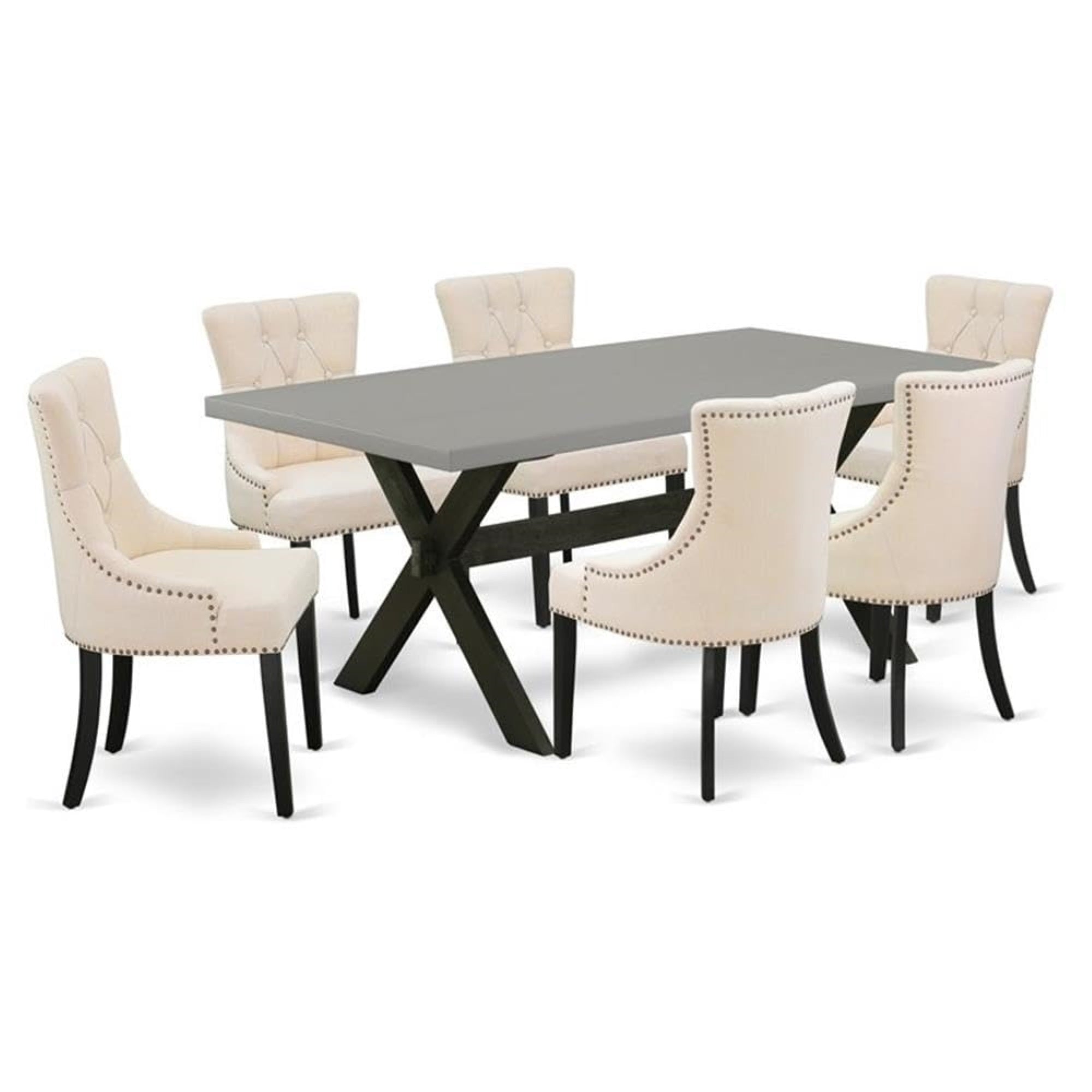 Casafoyer X697Fr102-7 7 Piece Dinette Set Consist Of A Rectangle Dining Room Table With X-Legs And 6 Light Beige Linen Fabric Parson Dining Chairs, 40X72 Inch, Multi-Color