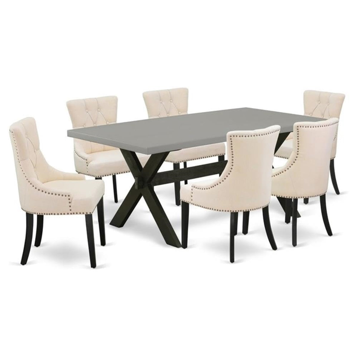 Casafoyer X697Fr102-7 7 Piece Dinette Set Consist Of A Rectangle Dining Room Table With X-Legs And 6 Light Beige Linen Fabric Parson Dining Chairs, 40X72 Inch, Multi-Color