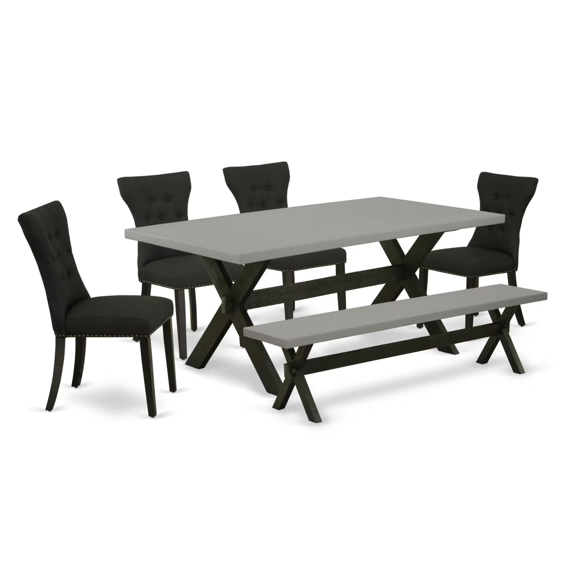 Casafoyer X697Ga124-6 6 Piece Dining Set Contains A Rectangle Wooden Table With X-Legs And 4 Black Linen Fabric Upholstered Chairs With A Bench, 40X72 Inch, Multi-Color