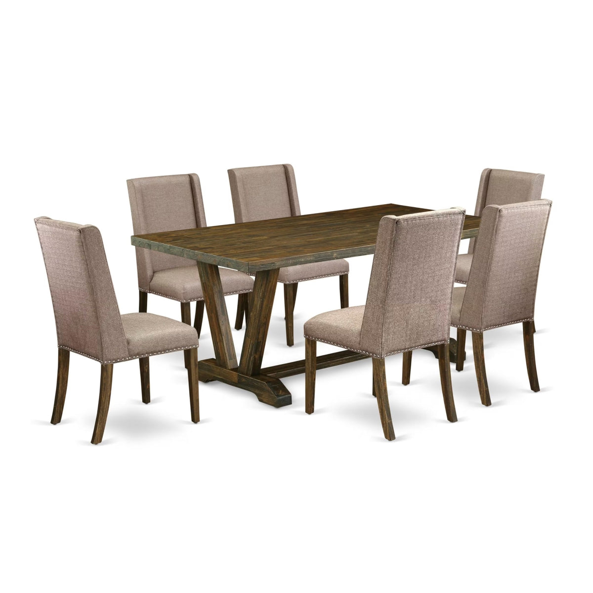 Casafoyer V777Fl716-7 7 Piece Dining Room Table Set Consist Of A Rectangle Kitchen Table With V-Legs And 6 Dark Khaki Linen Fabric Parsons Dining Chairs, 40X72 Inch, Multi-Color