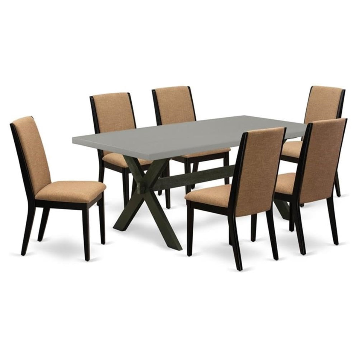 Casafoyer X697La147-7 7 Piece Modern Dining Table Set Consist Of A Rectangle Wooden Table With X-Legs And 6 Light Sable Linen Fabric Upholstered Chairs, 40X72 Inch, Multi-Color