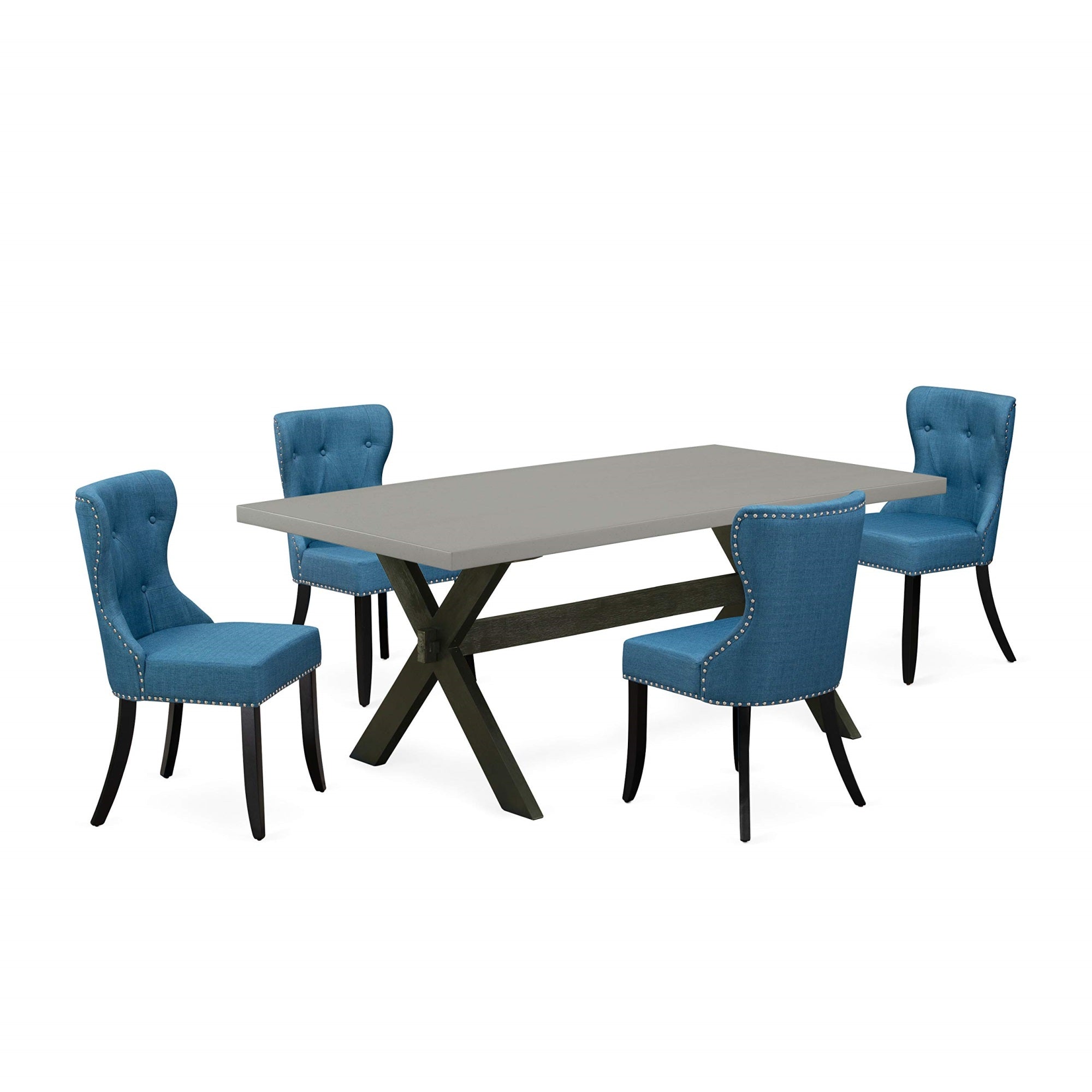 Ergode X697Si121-5, 5-Piece Dinette Set, Rectangle Dining Table With X-Legs, 4 Blue Linen Fabric Parsons Chairs, 72X40 Inch