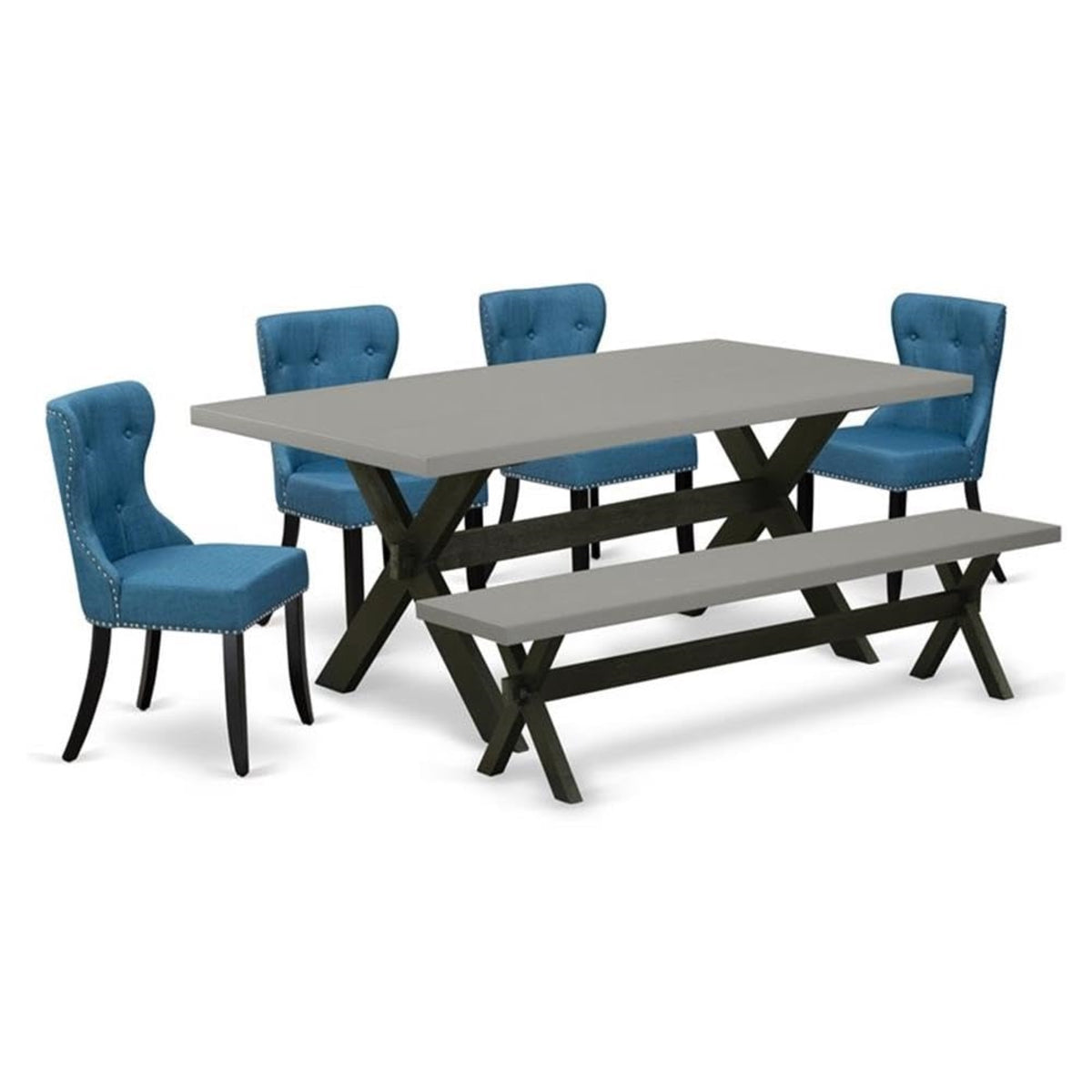 Casafoyer X-Style 6 Piece Dining Set Contains A Rectangle Wooden Table With X-Legs And 4 Blue Linen Fabric Upholstered Chairs With A Bench, 40X72 Inch, X697Si121-6