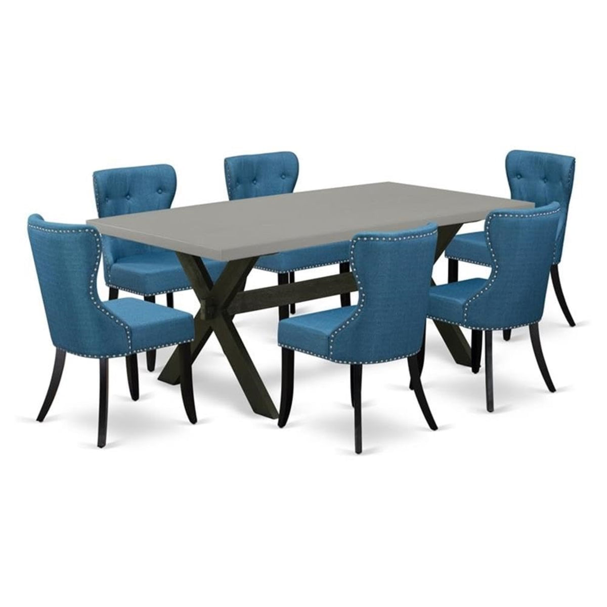Casafoyer X-Style 7 Piece Room Set Consist Of A Rectangle Dining Table With X-Legs And 6 Blue Linen Fabric Upholstered Parson Chairs, 40X72 Inch, X697Si121-7