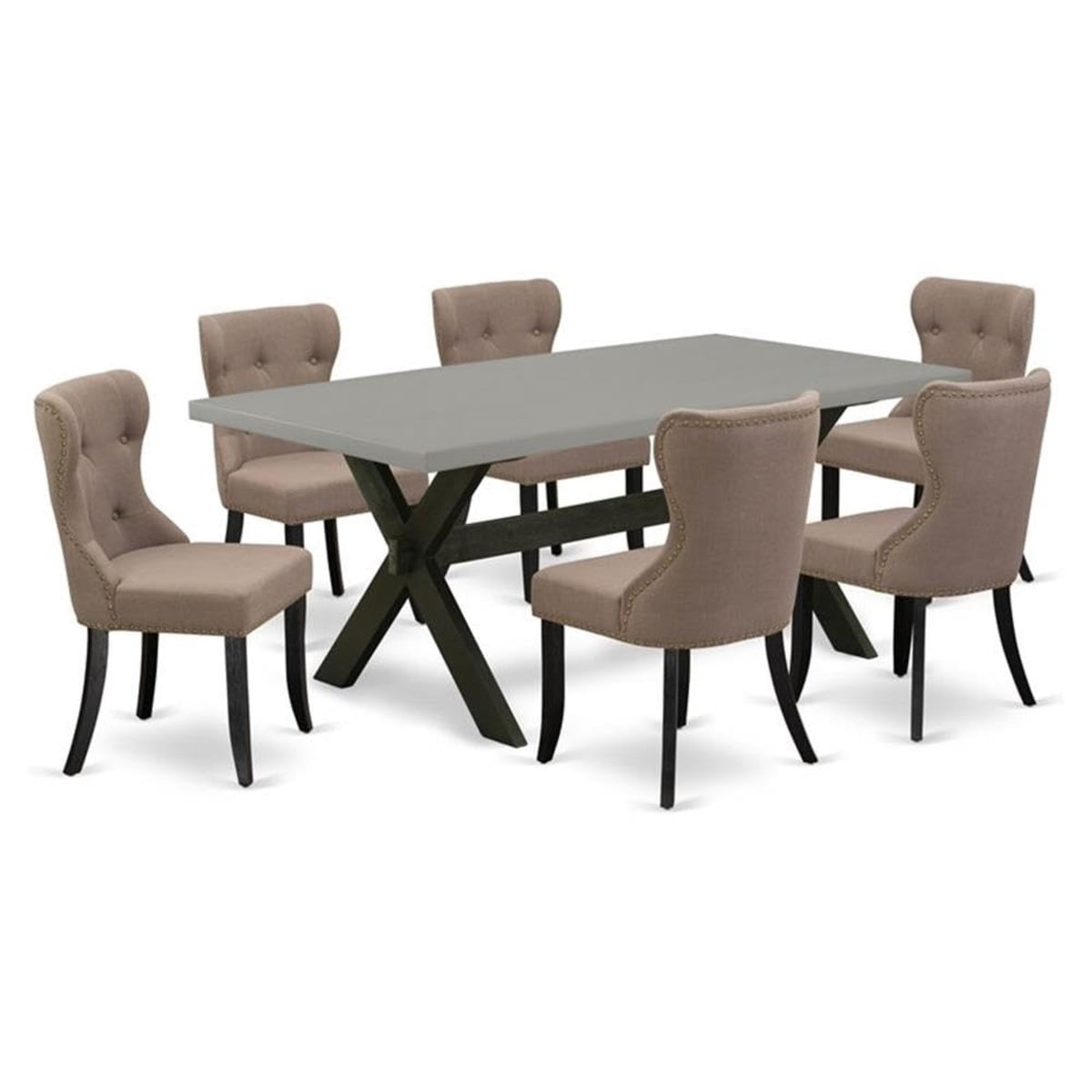 Casafoyer X-Style 7 Piece Set Consist Of A Rectangle Dining Room Table With X-Legs And 6 Coffee Linen Fabric Upholstered Chairs, 40X72 Inch, Multi-Color