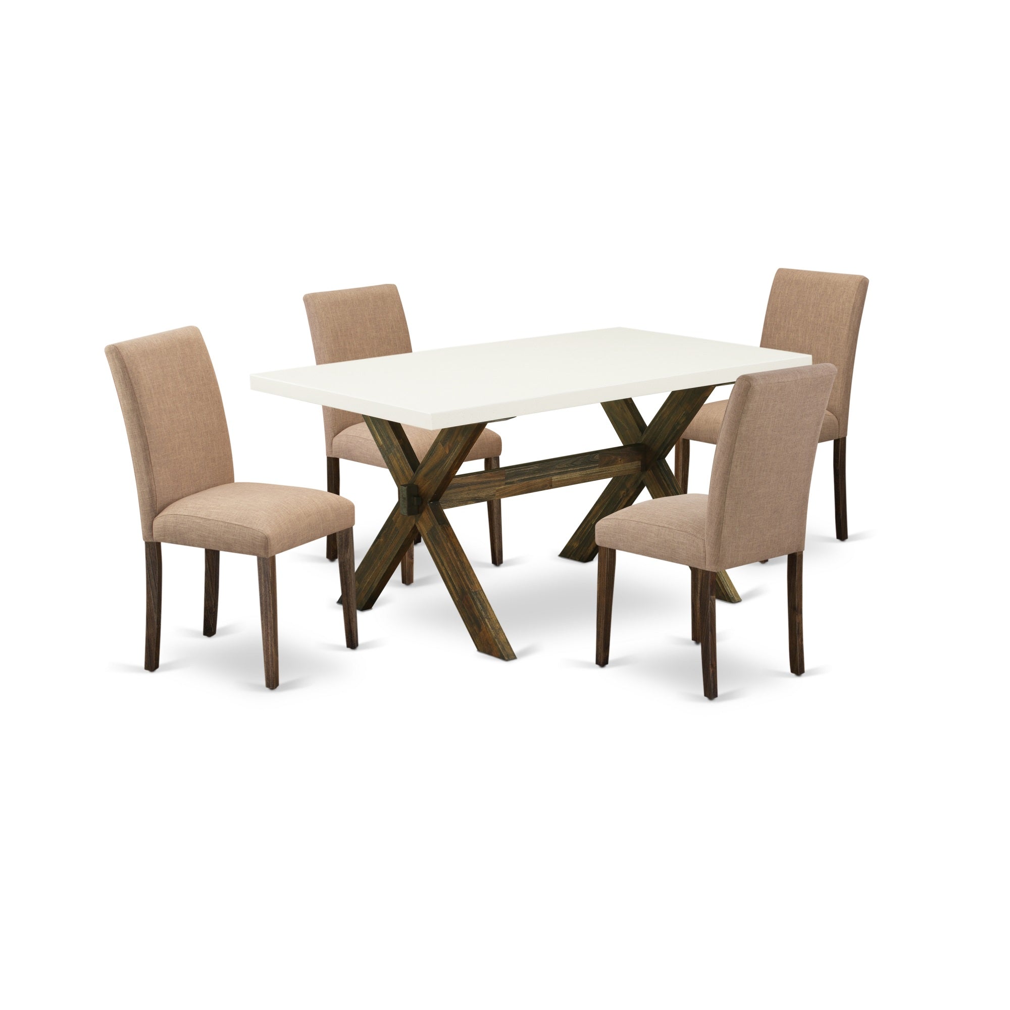 East West Furniture 5-Pc Table And Chairs Dining Set Includes 4 Mid Century Chairs With Upholstered Seat And High Back And A Rectangular Kitchen Dining Table - Distressed Jacobean Finish