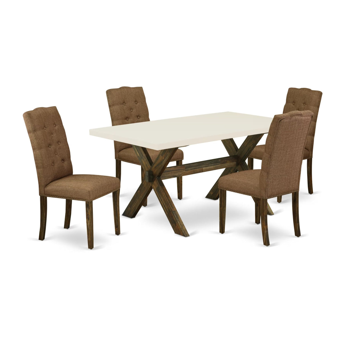 Casafoyer X-Style 5 Piece Set Includes A Rectangle Dining Room Table With X-Legs And 4 Brown Linen Fabric Upholstered Chairs, 36X60 Inch, Multi-Color