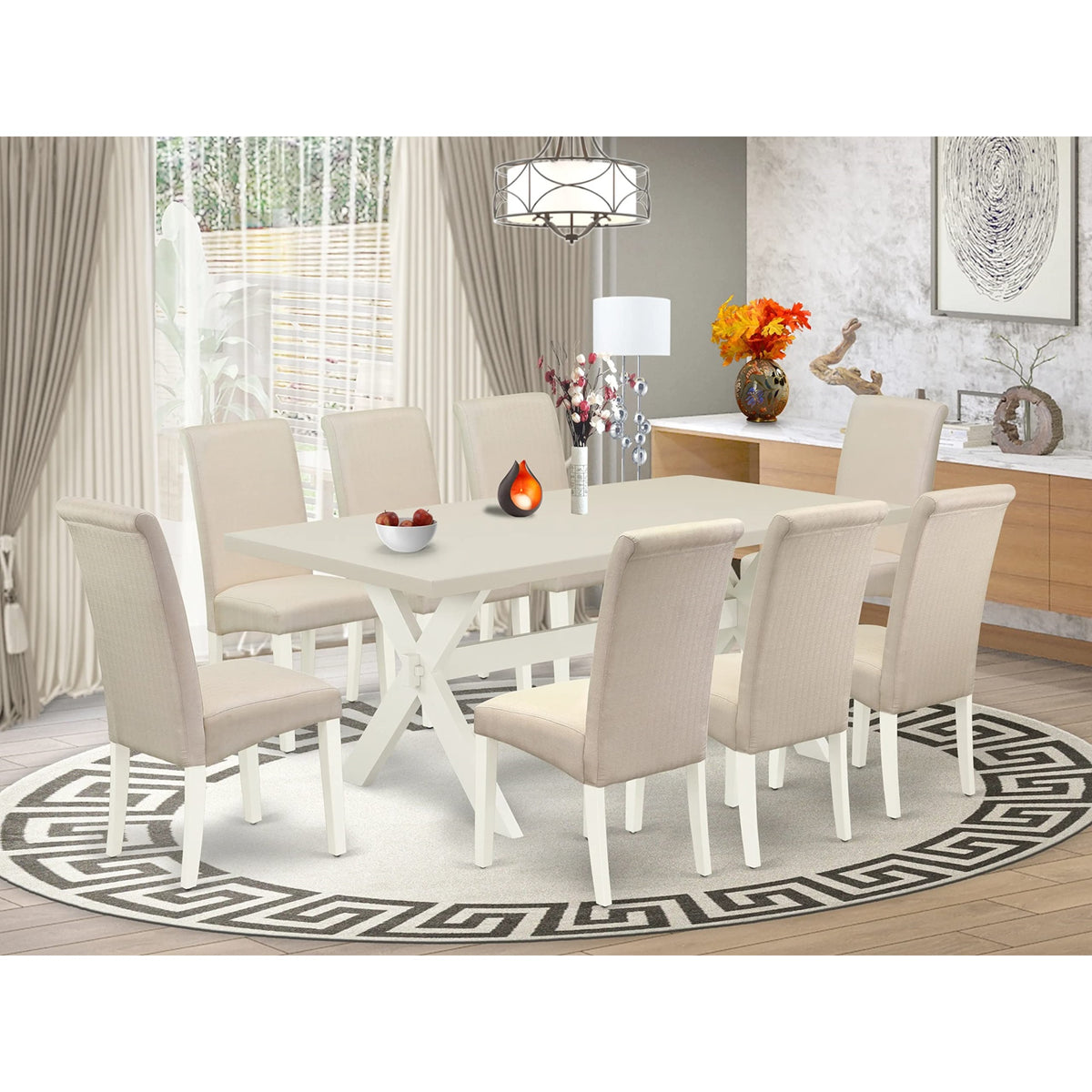Casafoyer X027Ba201-9 9 Piece Dining Room Table Set Includes A Rectangle Kitchen Table With X-Legs And 8 Cream Linen Fabric Parson Dining Chairs, 40X72 Inch, Multi-Color