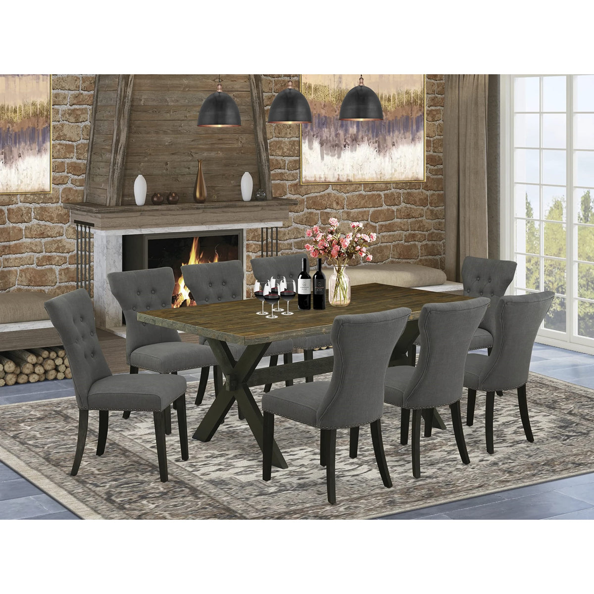 Casafoyer X677Ga650-9 9 Piece Dining Table Set Includes A Rectangle Dining Room Table With X-Legs And 8 Dark Gotham Linen Fabric Upholstered Chairs, 40X72 Inch, Multi-Color