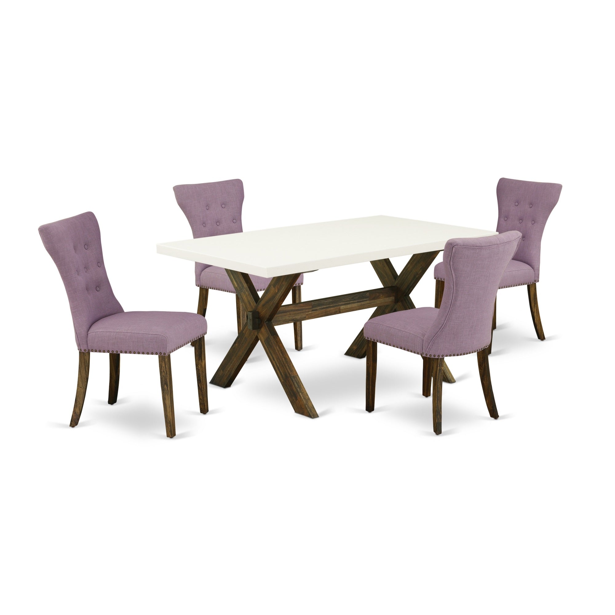 East West Furniture X726Ga740-5 5-Pc Dining Room Set- 4 Parson Dining Chairs With Dahlia Linen Fabric Seat And Button Tufted Chair Back - Rectangular Table Top & Wooden Cross Legs - Linen White And Distressed Jacobean Finish