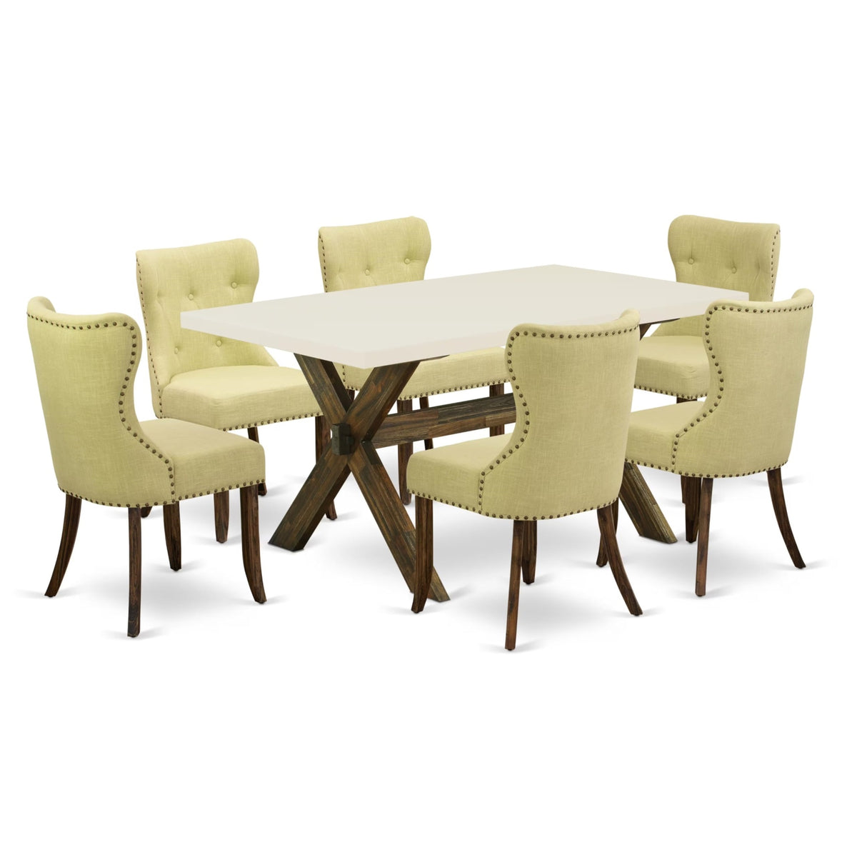 Casafoyer X726Si737-7 7 Piece Dining Set Consist Of A Rectangle Dining Room Table With X-Legs And 6 Limelight Linen Fabric Upholstered Parson Chairs, 36X60 Inch, Multi-Color