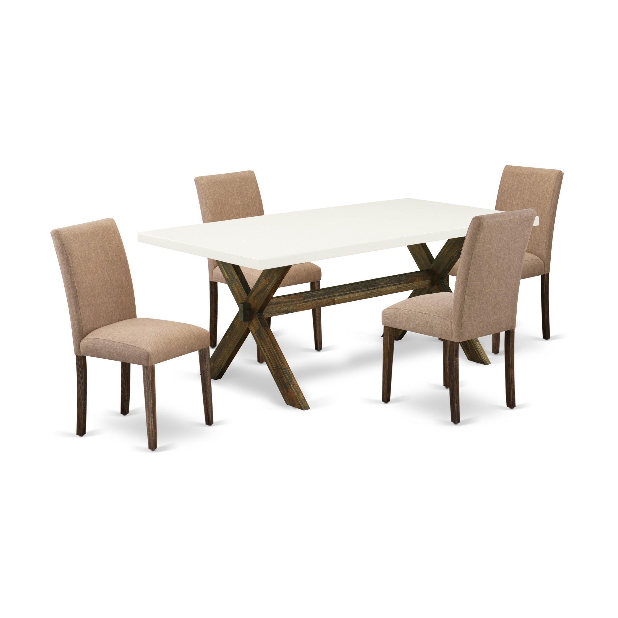 East West Furniture 5-Pc Table And Chairs Dining Set Includes 4 Dining Room Chairs With Upholstered Seat And High Back And A Rectangular Table - Distressed Jacobean Finish