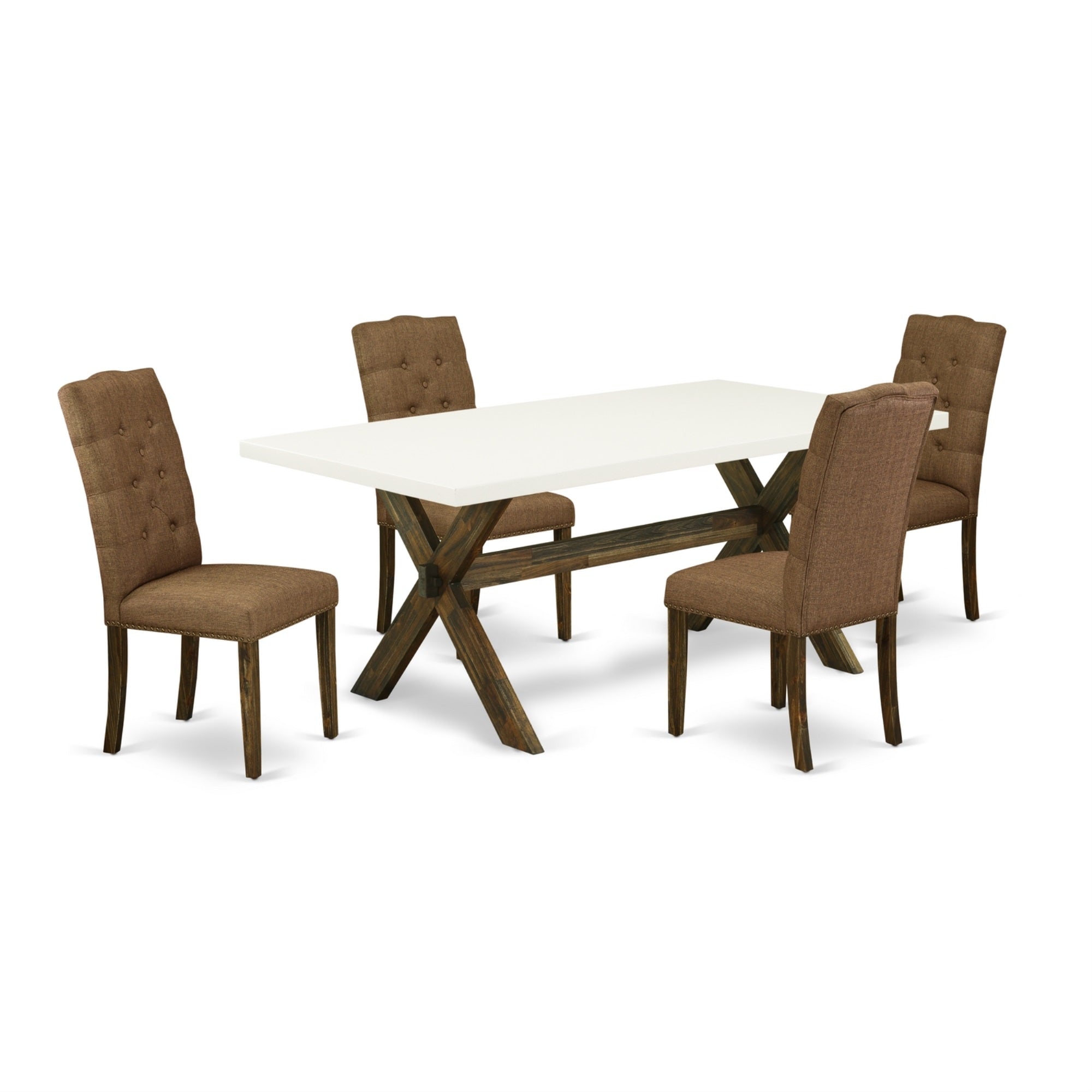 East West Furniture 5-Pc Rectangular Dining Table Set Included 4 Dining Chairs Upholstered Seat And High Button Tufted Chair Back And Rectangular Mid Century Dining Table With Linen White Dinette Table Top - Distressed Jacobean Finish
