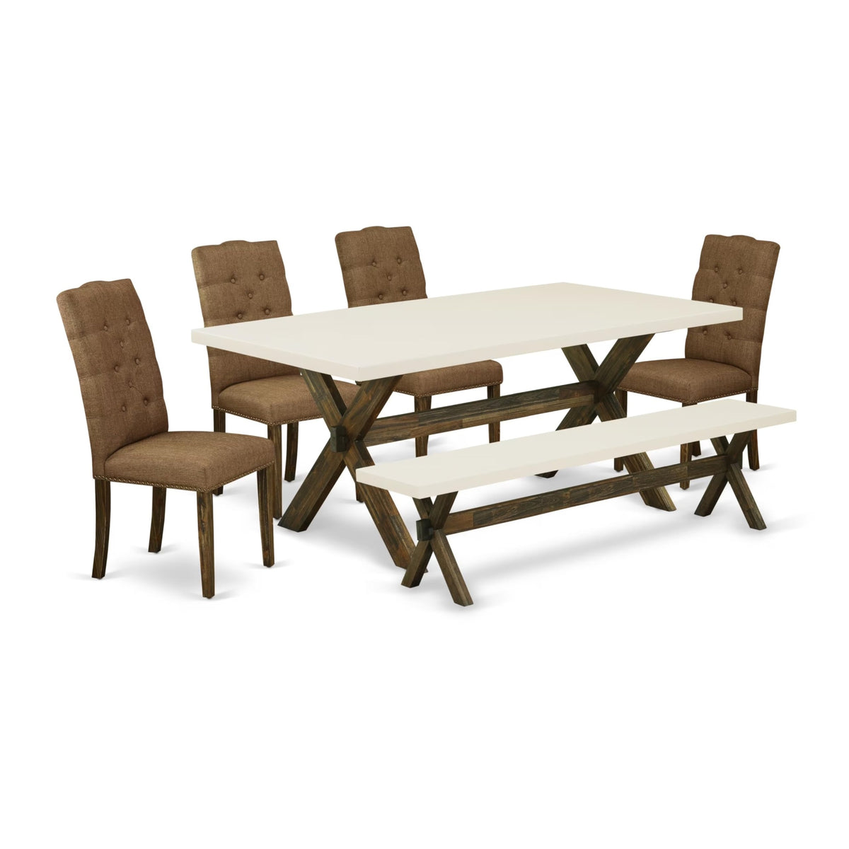 Casafoyer X727El718-6 6 Piece Dinette Set Contains A Rectangle Dining Table With X-Legs And 4 Brown Linen Linen Fabric Parson Chairs With A Bench, 40X72 Inch, Multi-Color
