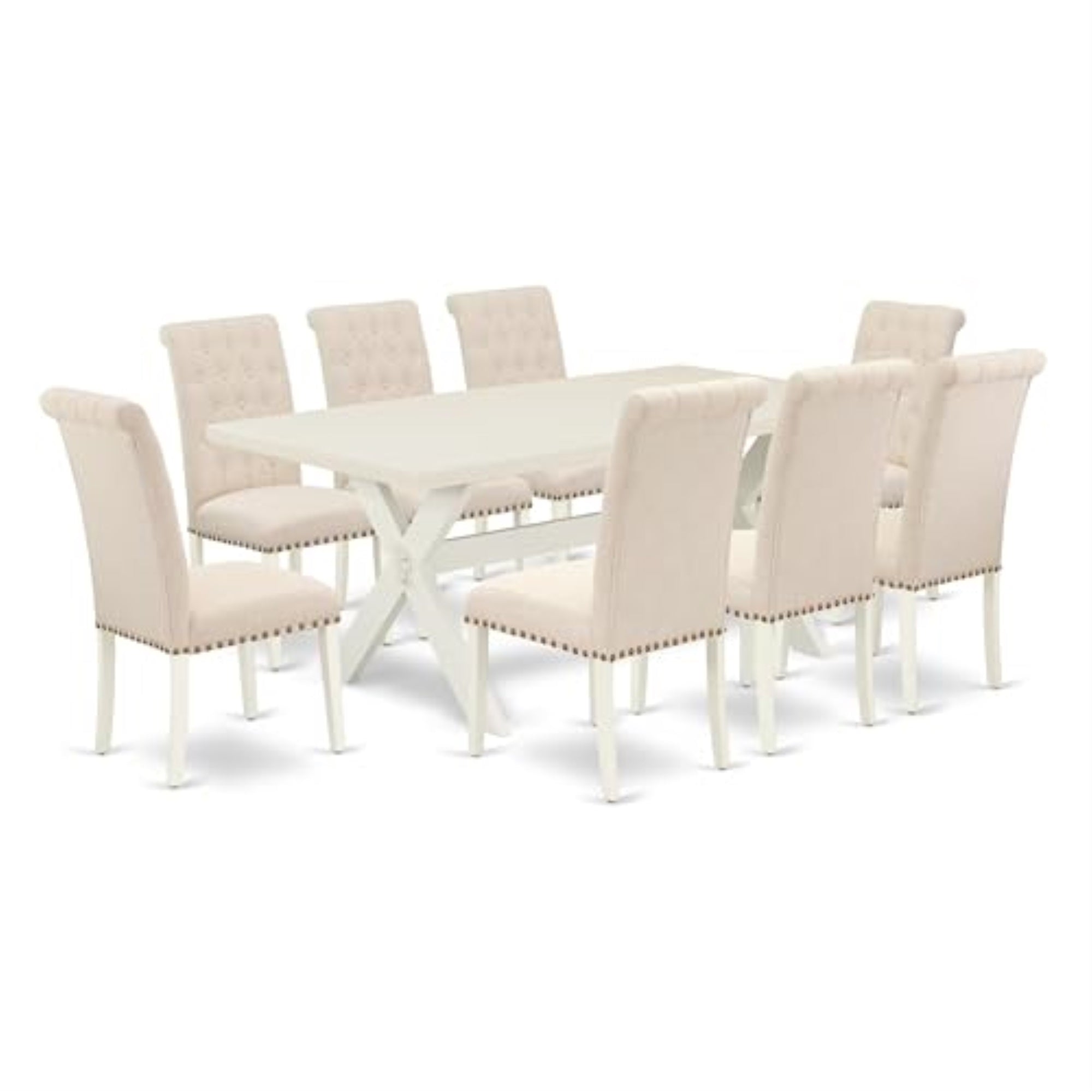 Casafoyer X027Br202-9 9 Piece Dining Room Furniture Set Includes A Rectangle Dining Table With X-Legs And 8 Light Beige Linen Fabric Upholstered Chairs, 40X72 Inch, Multi-Color